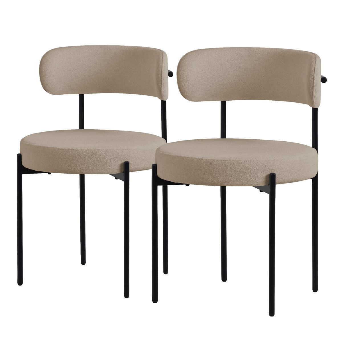Two beige chairs with round seats and backrests on black legs.