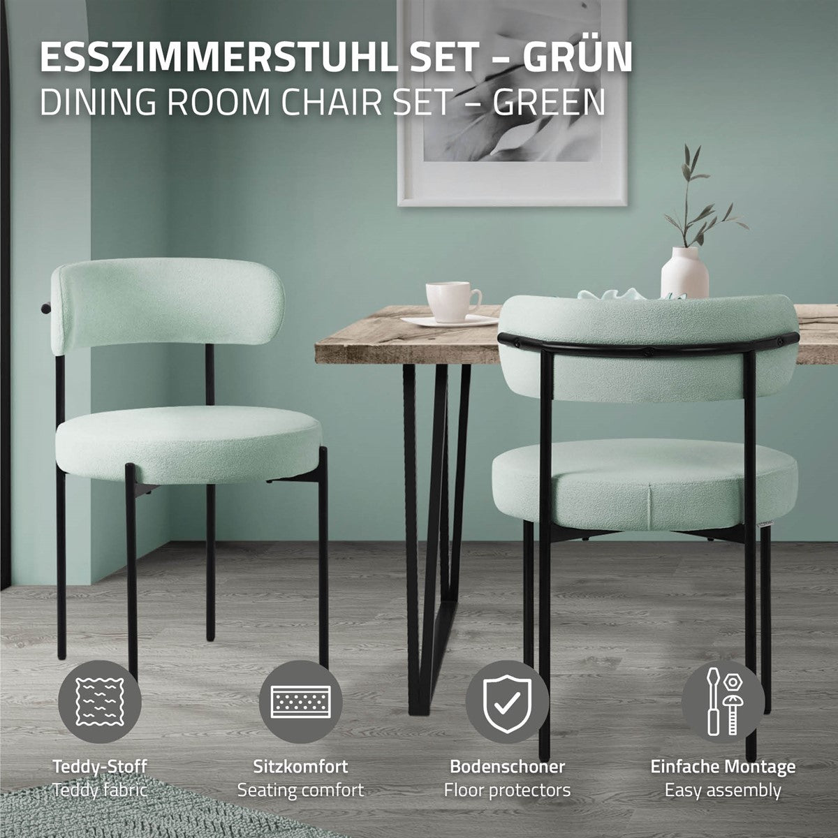 Zöld étkezőszék-garnitúra egy faasztallal egy modern helyiségben.