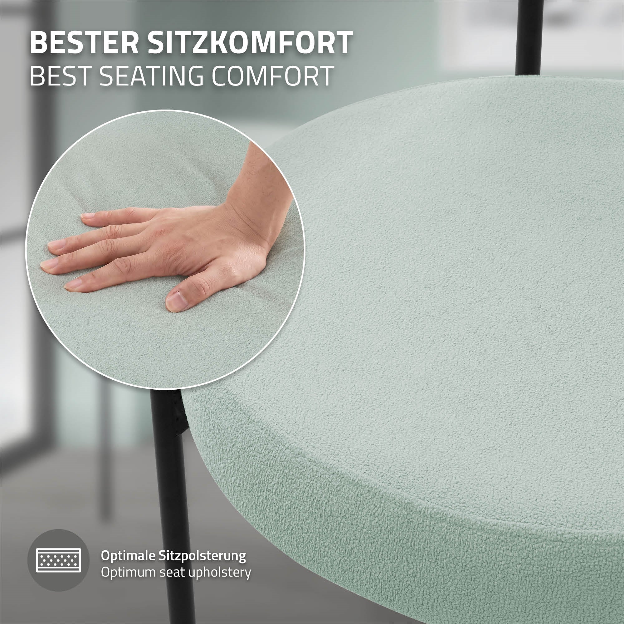 Close-up of a chair with a hand pressing the upholstery.