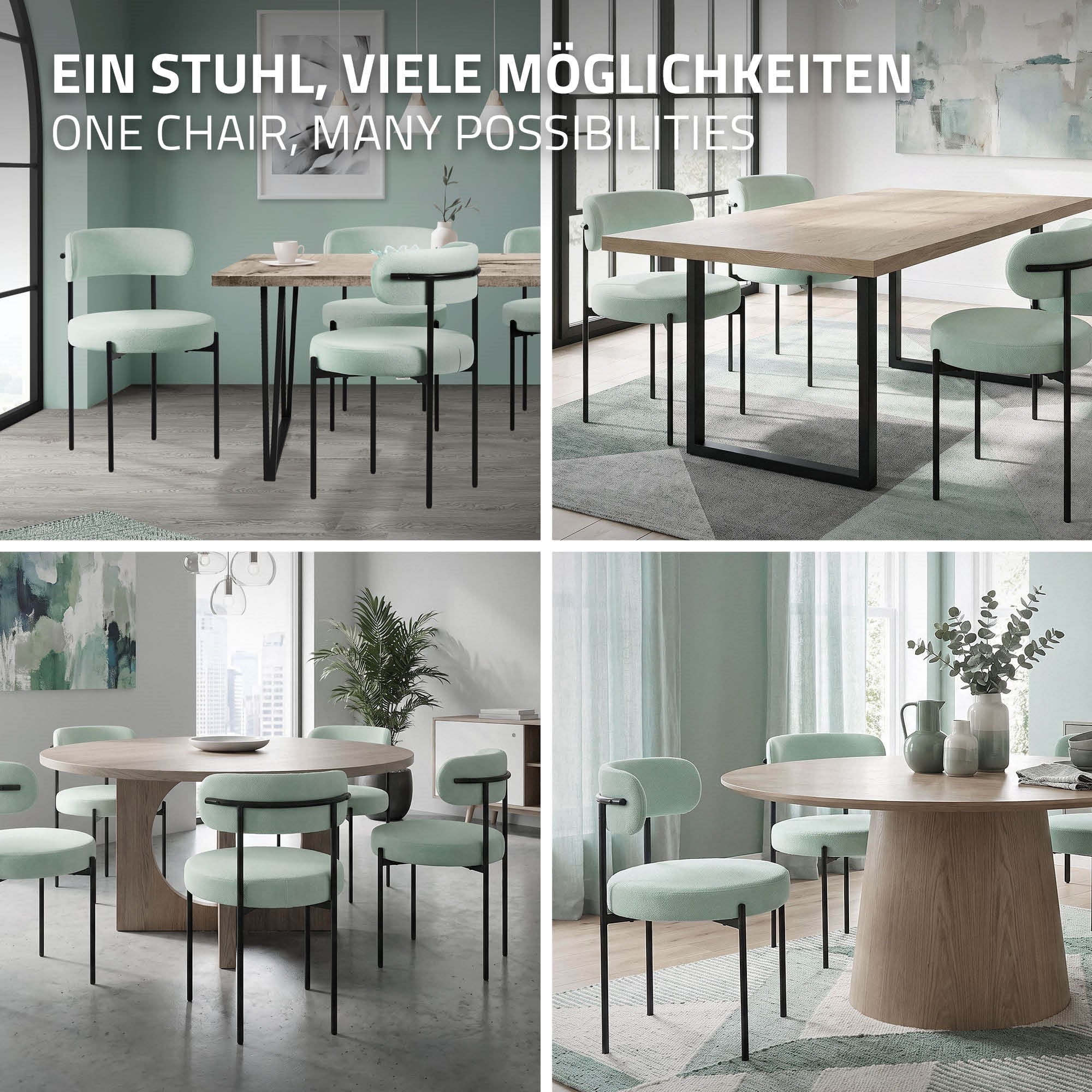 Verschiedene Stühle in mintgrün in einem modernen Essbereich.