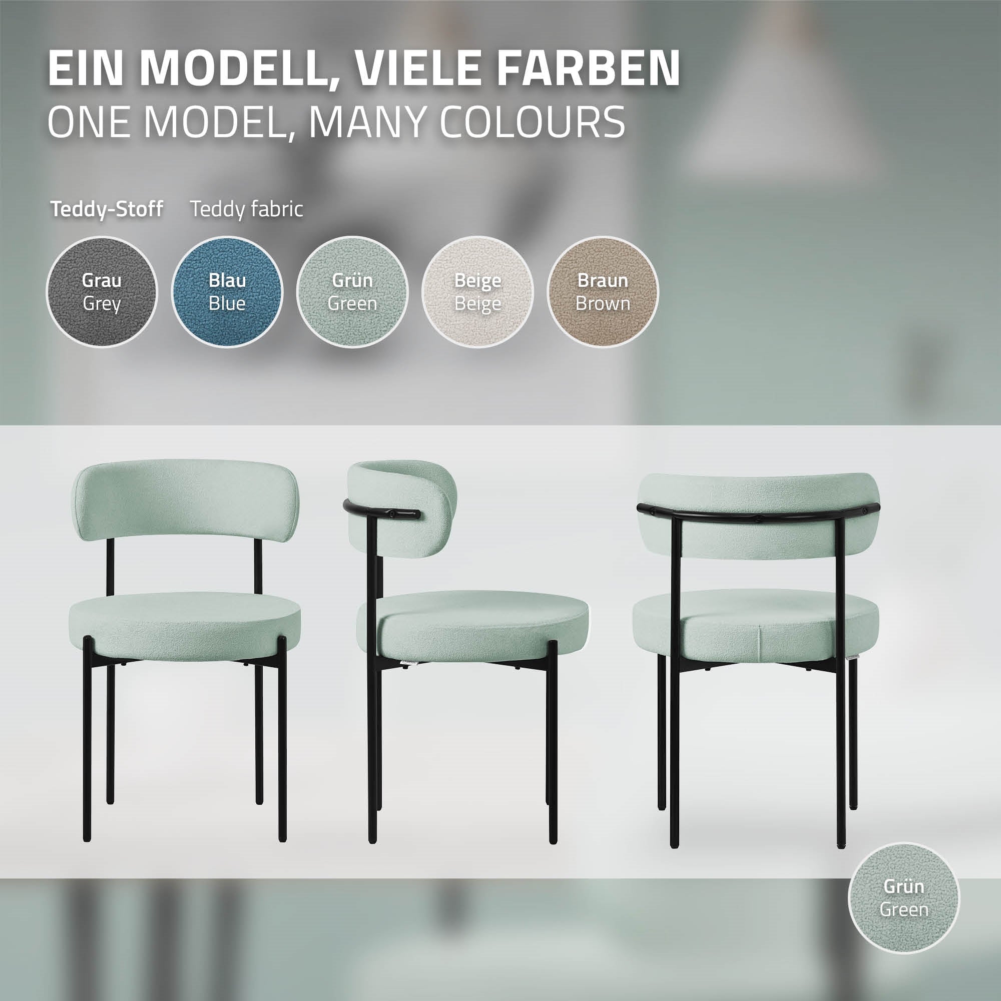 Drei Stühle in verschiedenen Farben auf einem hellen Hintergrund.