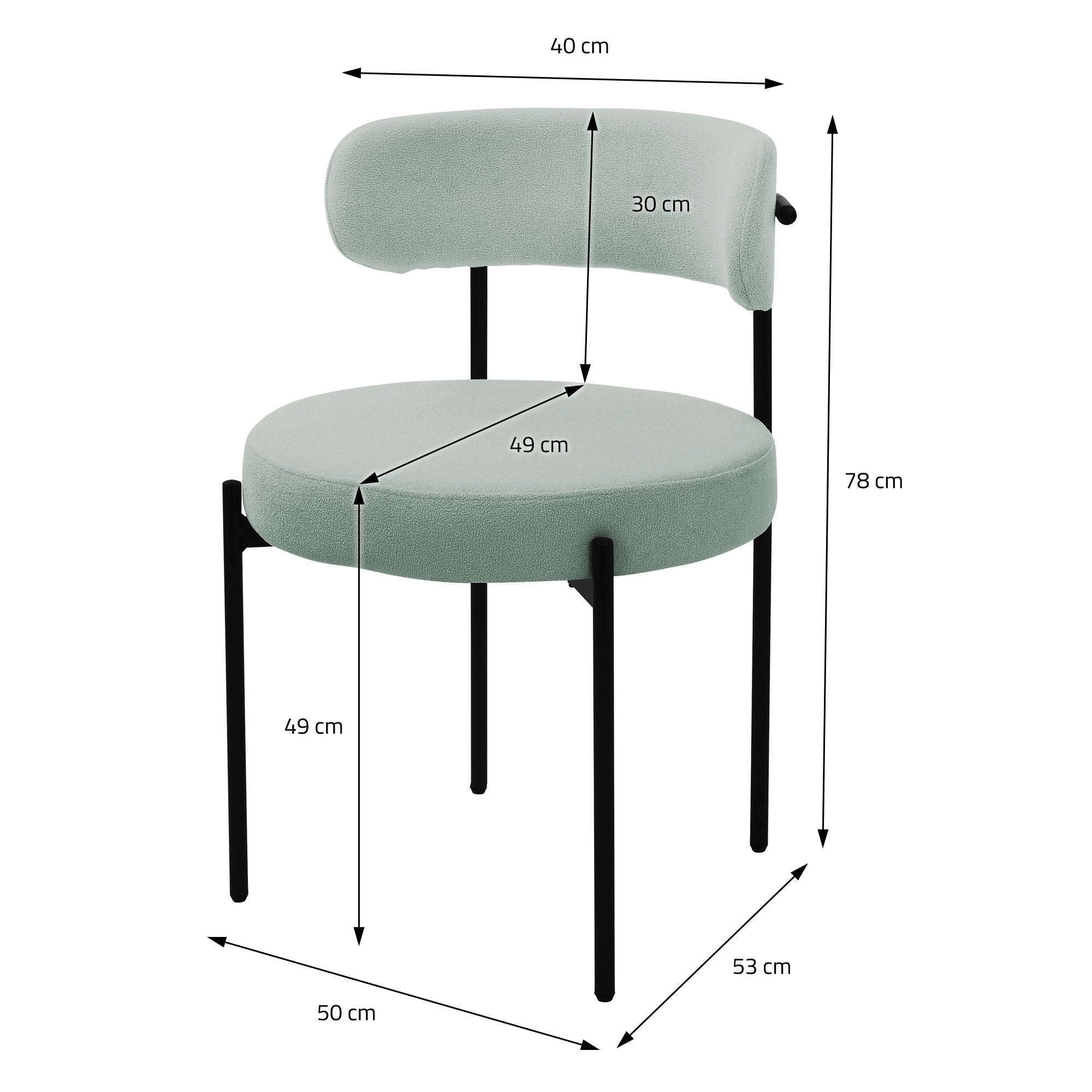 Dimension drawing of a gray chair with measurements in centimeters.