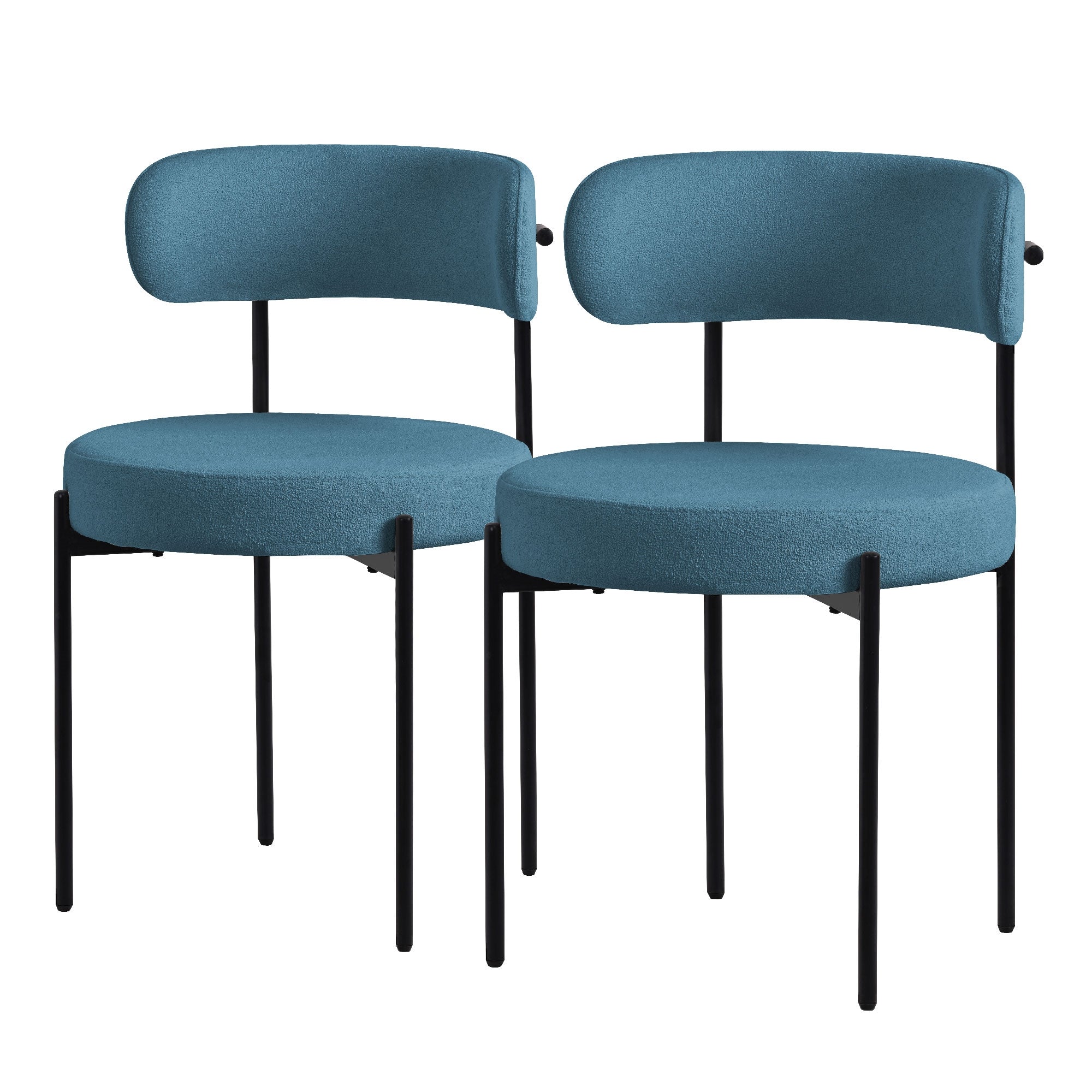 Zwei blaue Stühle mit runden Sitzen und Rückenlehnen auf schwarzen Beinen.