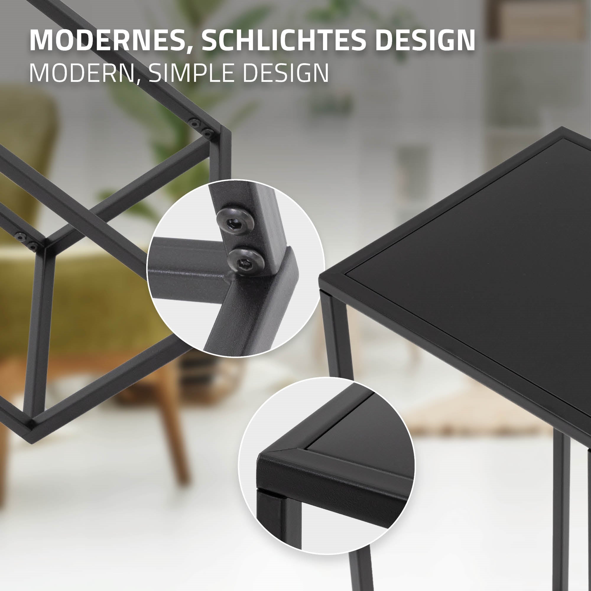 Detailaufnahme eines Tischgestells mit modernem Design und Schrauben.