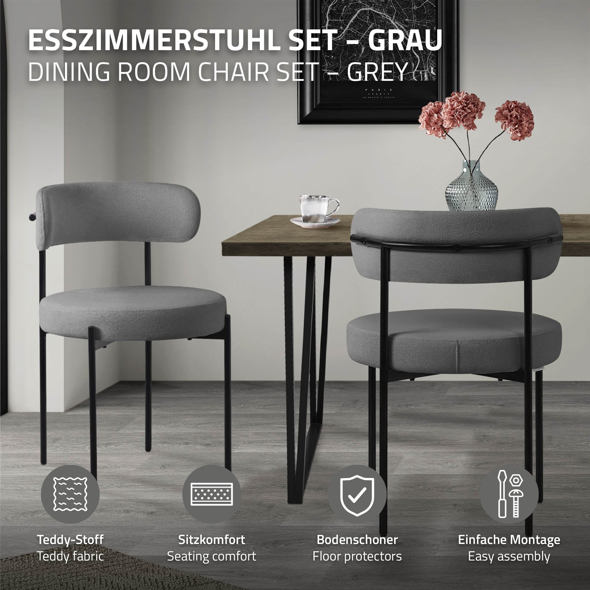 Grauer Esszimmerstuhl an einem Tisch, mit einer Vase und einem Tischschutz.