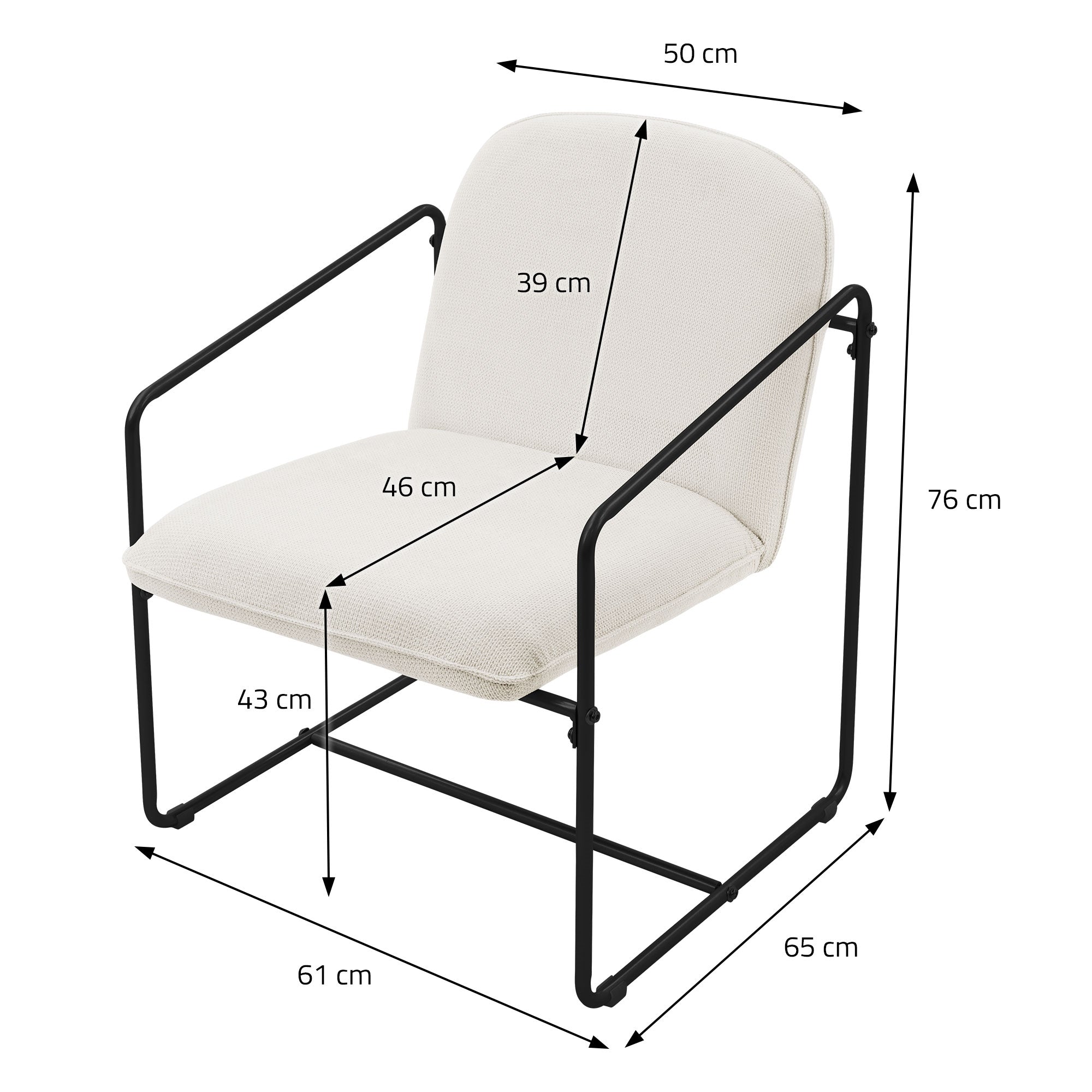 Beige Stuhl mit schwarzem Gestell, Maße: 50 cm Breite, 76 cm Höhe.