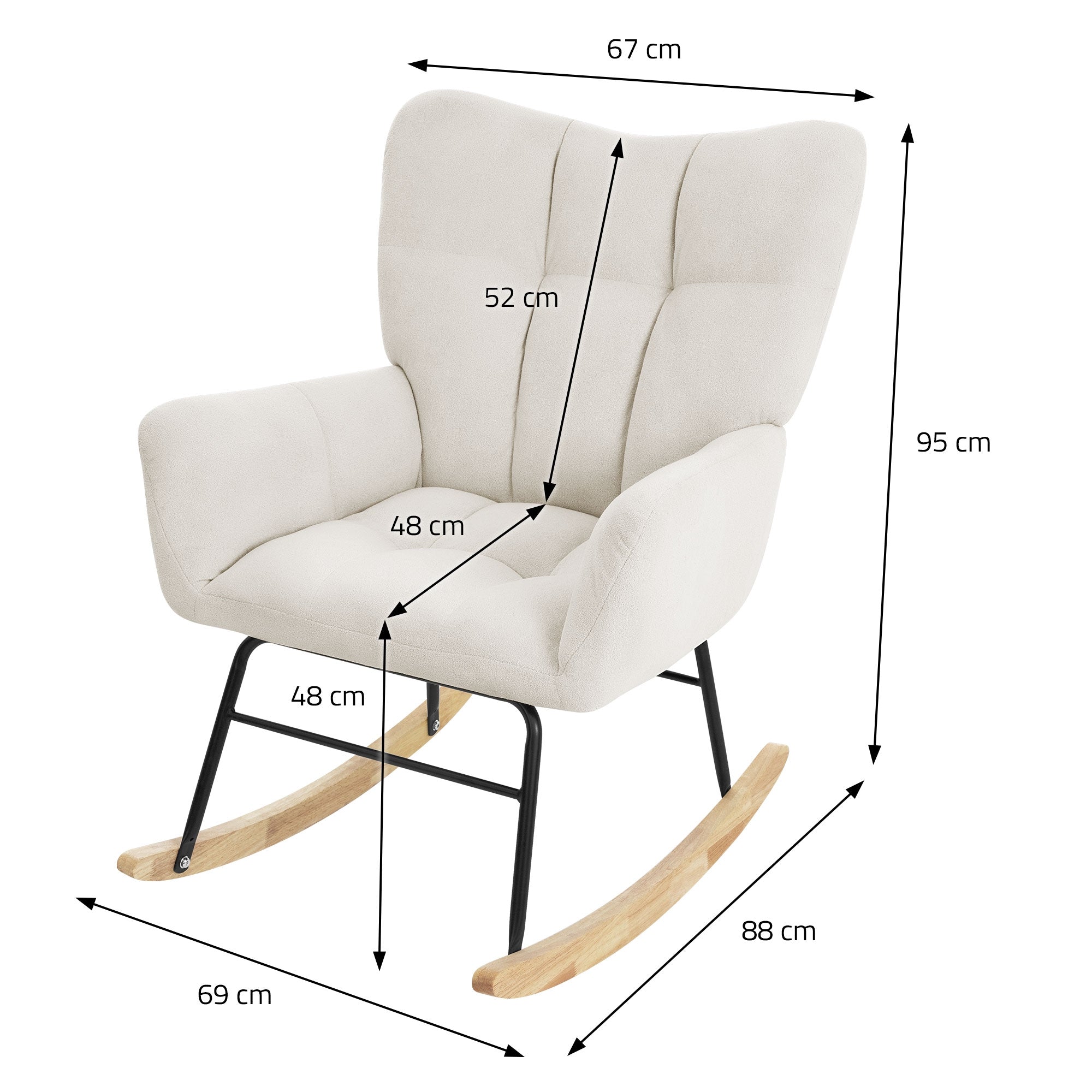 Ein beige Schaukelstuhl mit Maßangaben in cm auf einem weißen Hintergrund.