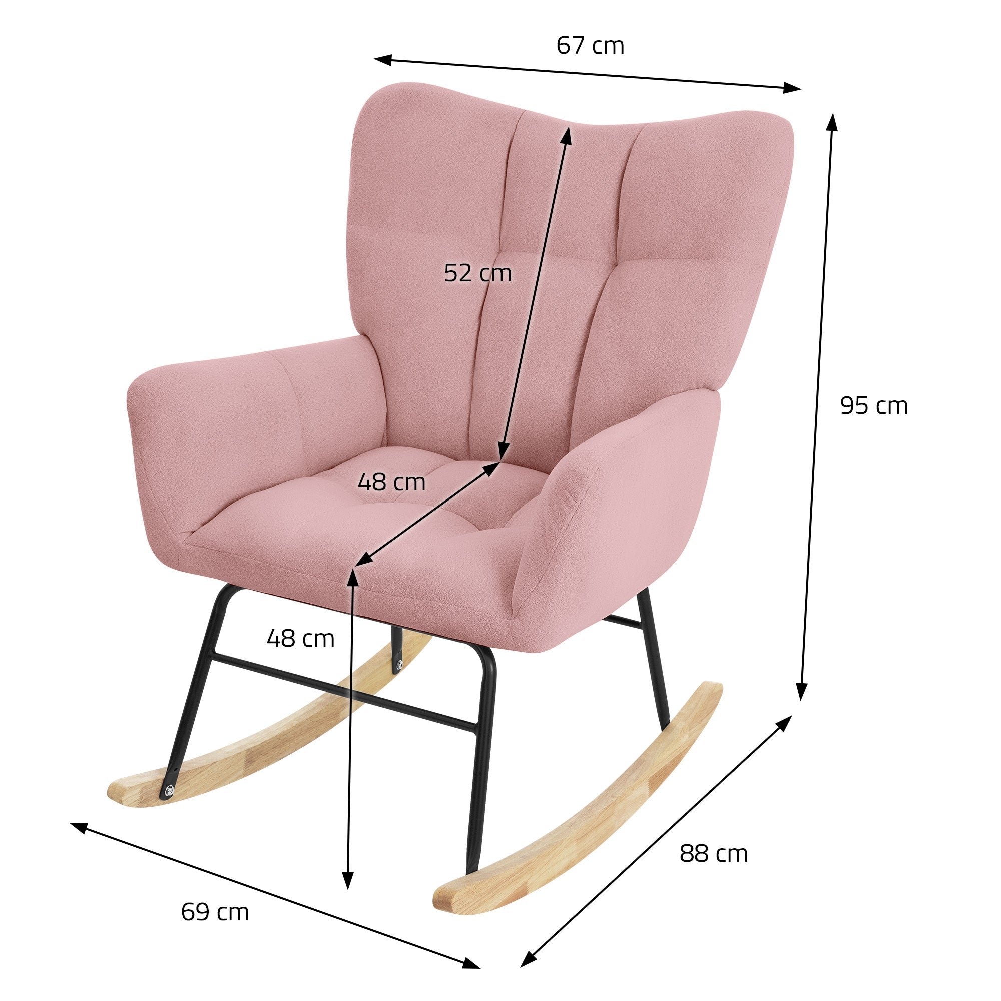 Maßzeichnung eines pinken Schaukelstuhls mit Abmessungen in Zentimetern.