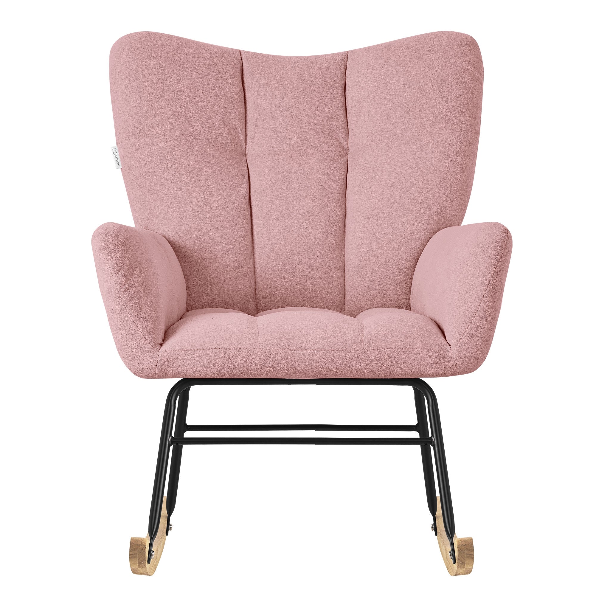 Rosa Sessel mit gepolstertem Sitz und Rückenlehne, auf einem schwarzen Gestell.