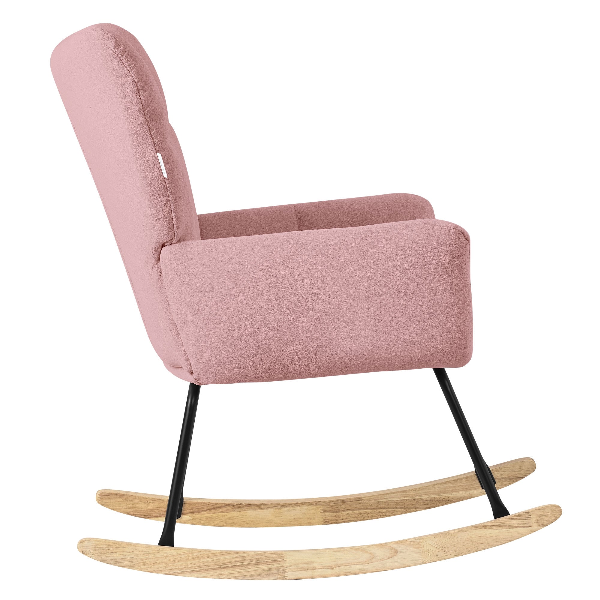 Seitenansicht eines rosa Schaukelstuhls mit Holzschaukeln.