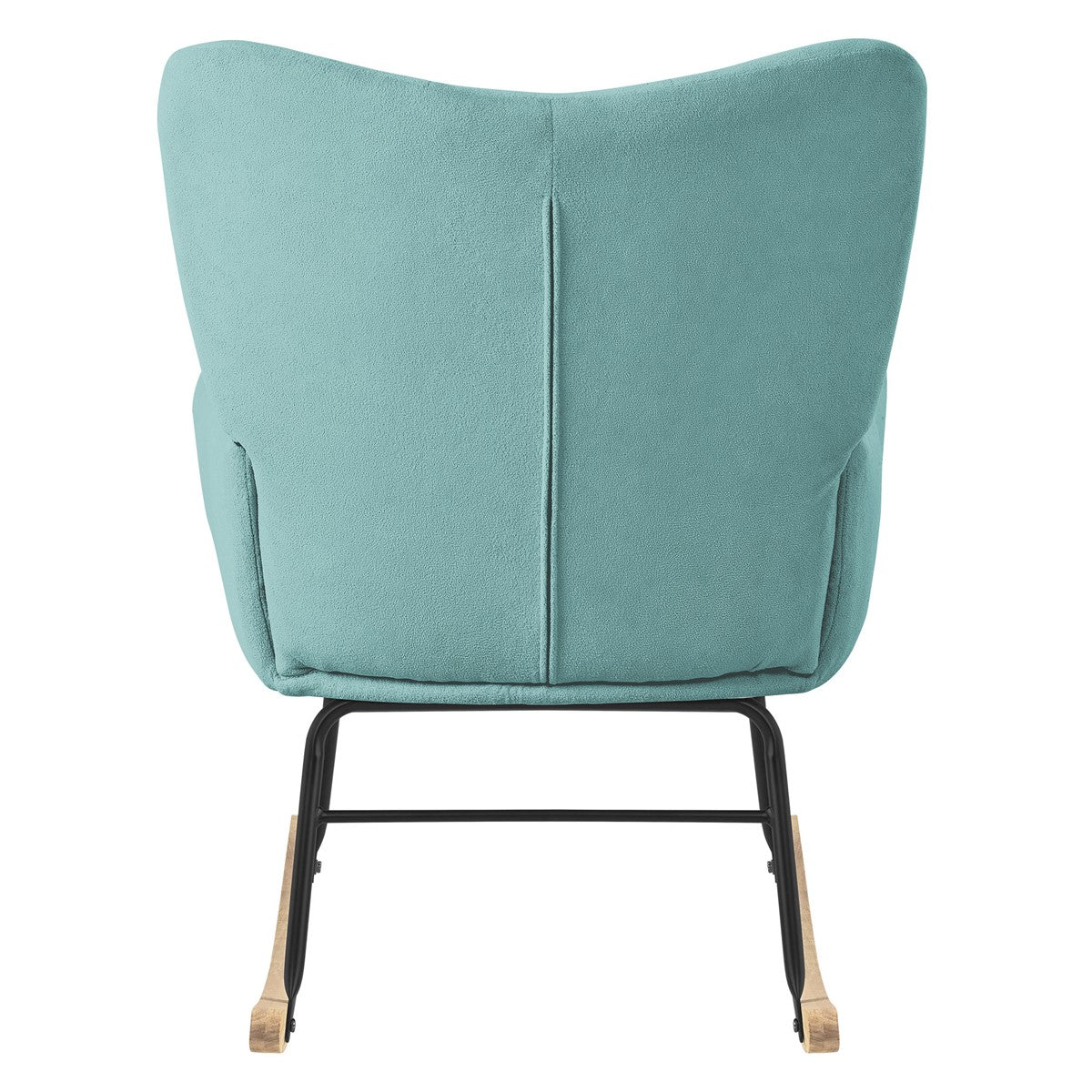 Vue arrière d’un fauteuil turquoise avec un dossier incurvé.