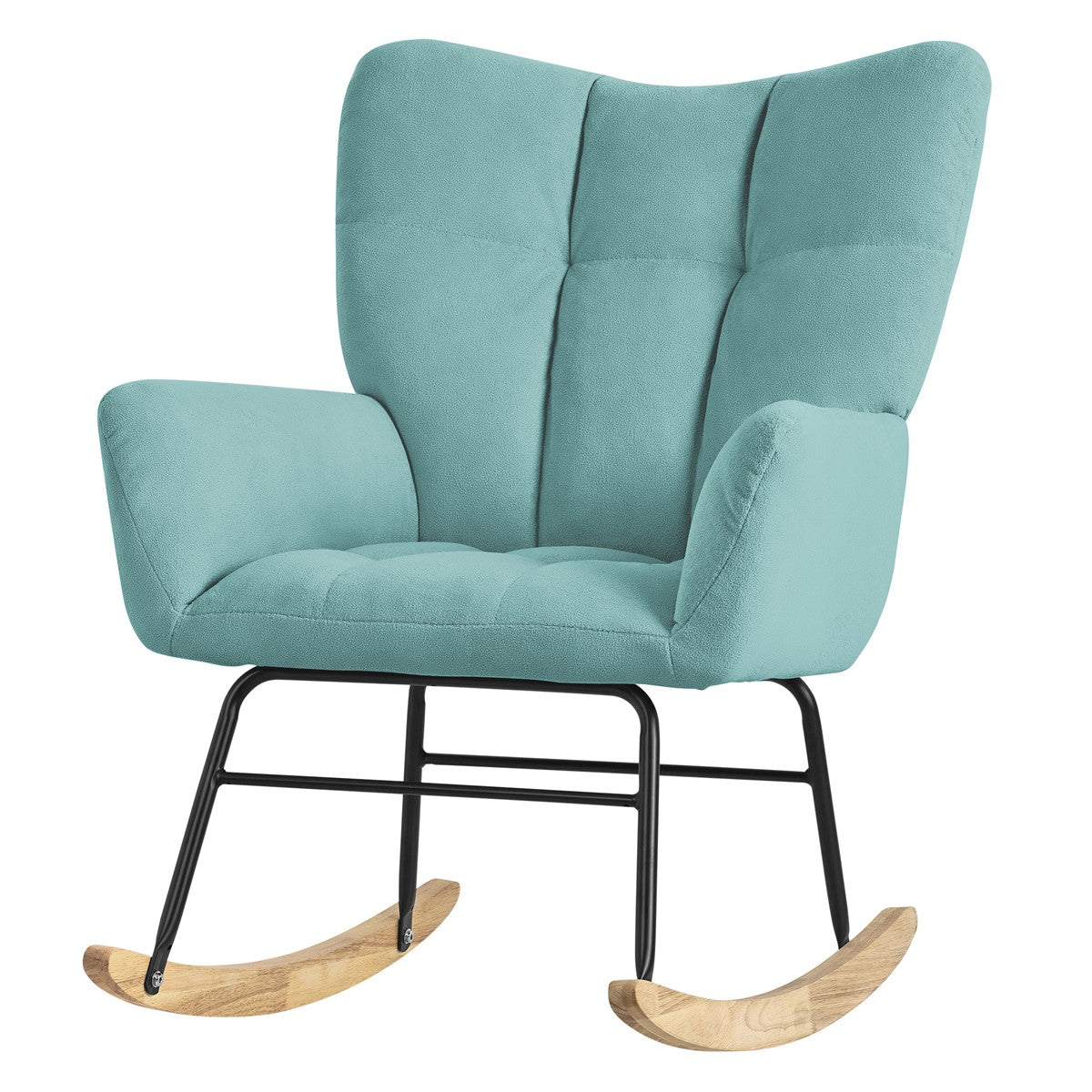 A turquoise rocking chair with wooden legs on a light-colored floor.