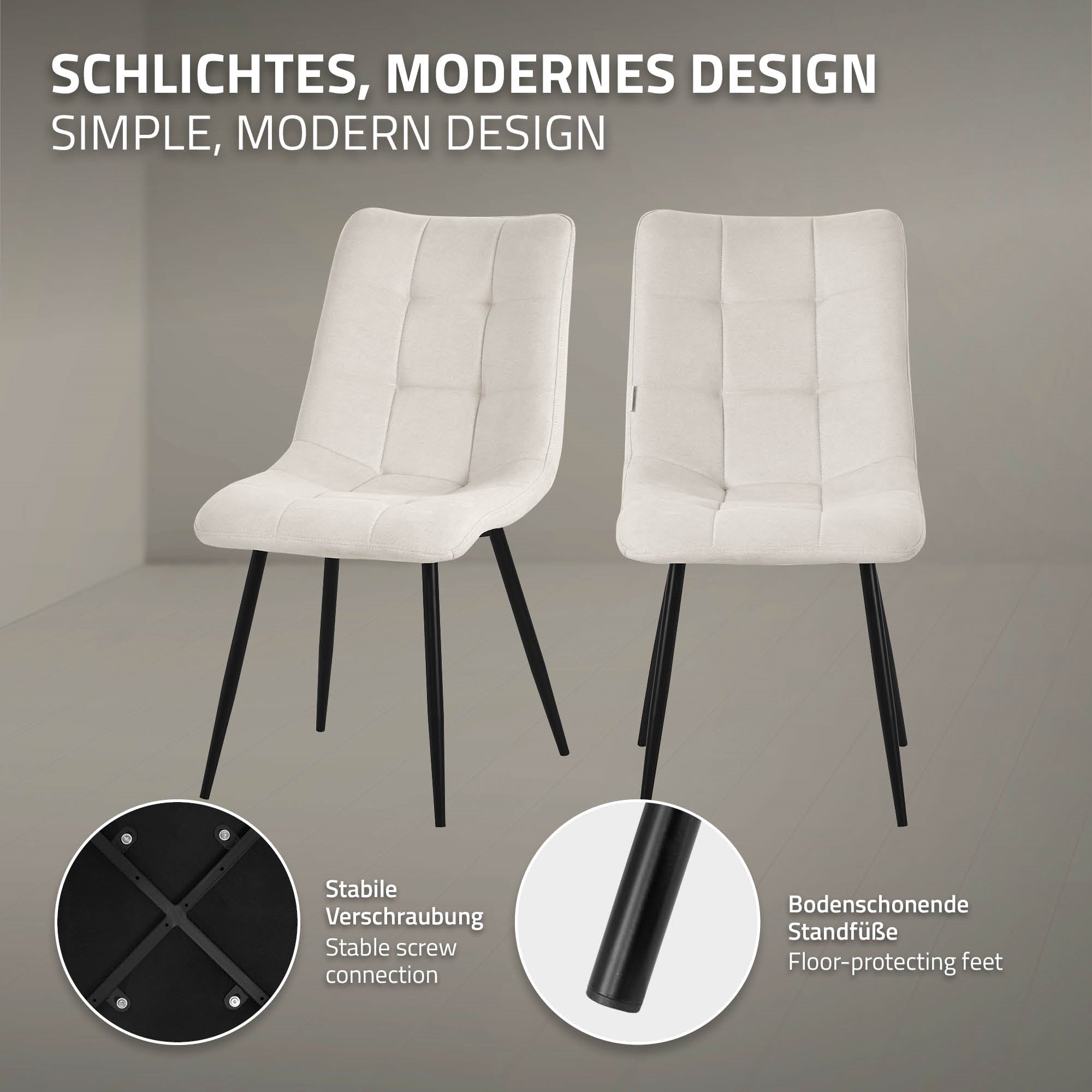 Zwei moderne Stühle mit stabilen Füßen auf einem grauen Hintergrund.