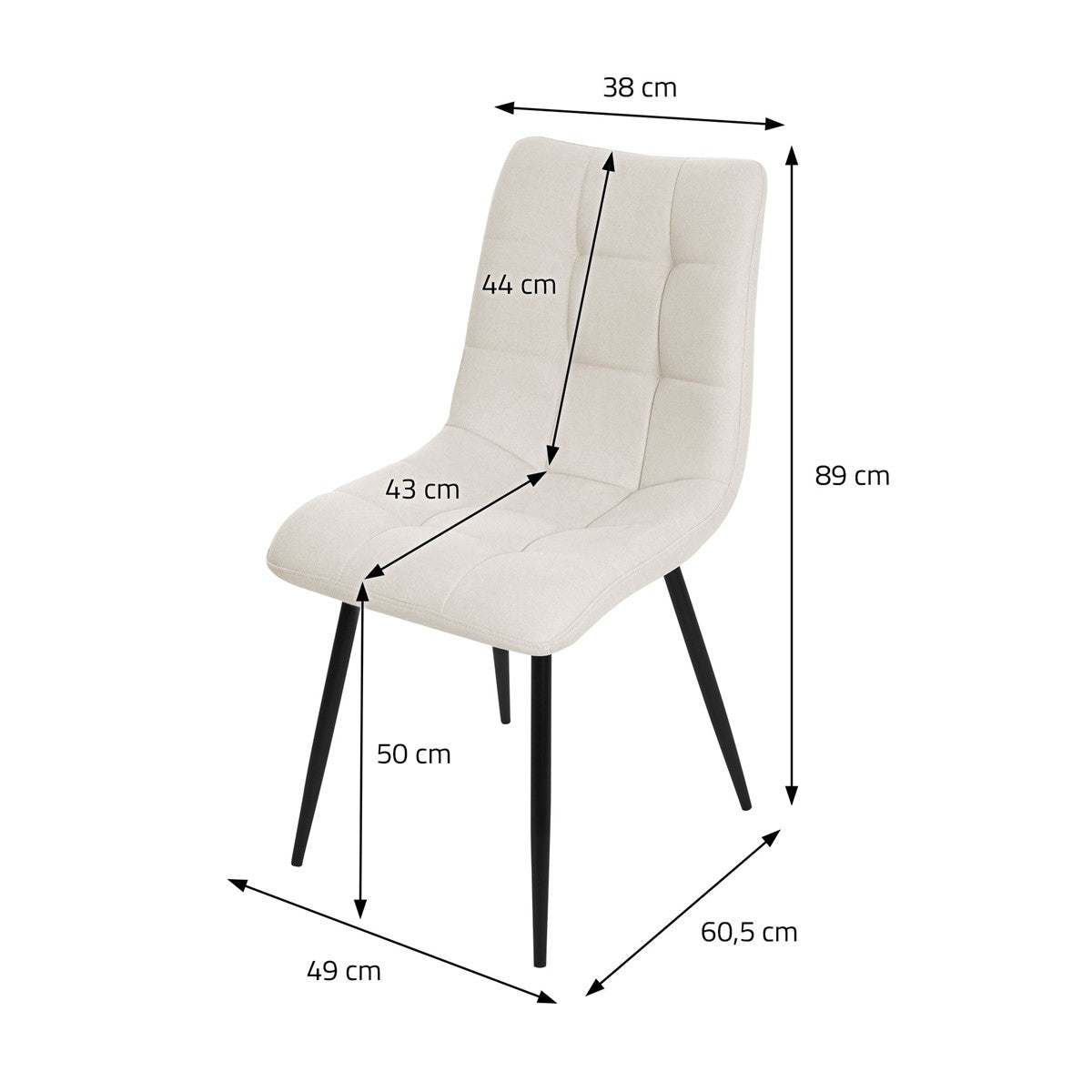 Misure di una sedia in cm, con dimensioni e diagramma.
