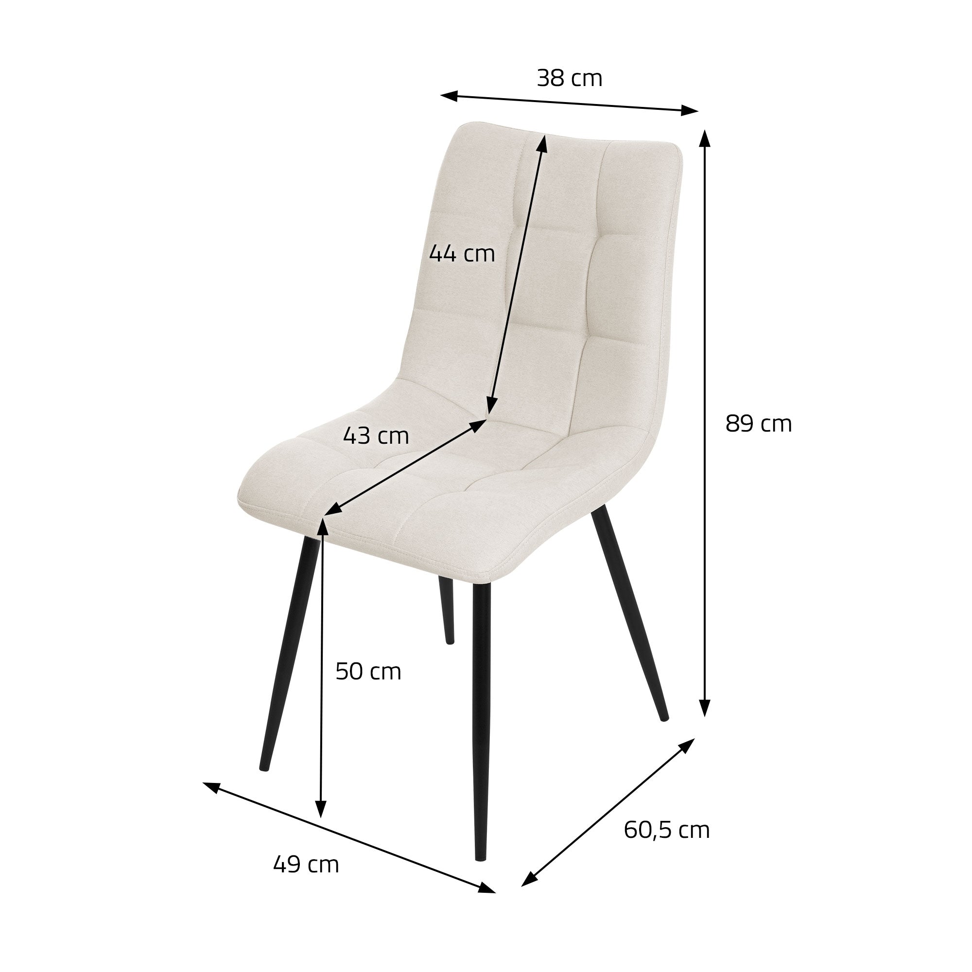 Maßangaben für einen Stuhl in cm, mit Abmessungen und Diagramm.