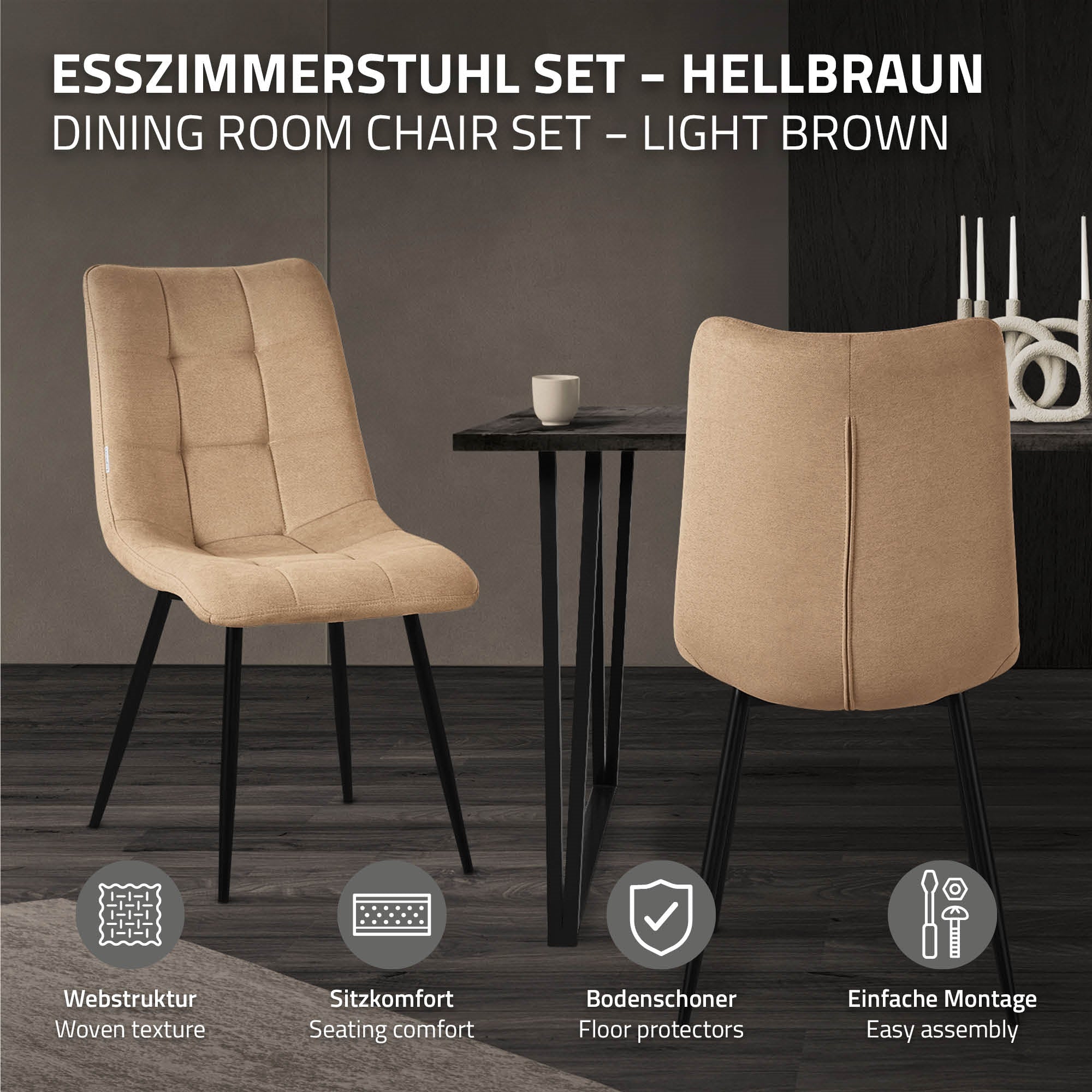 Esszimmerstuhl-Set in hellbraun mit Informationen zu Montage und Komfort.