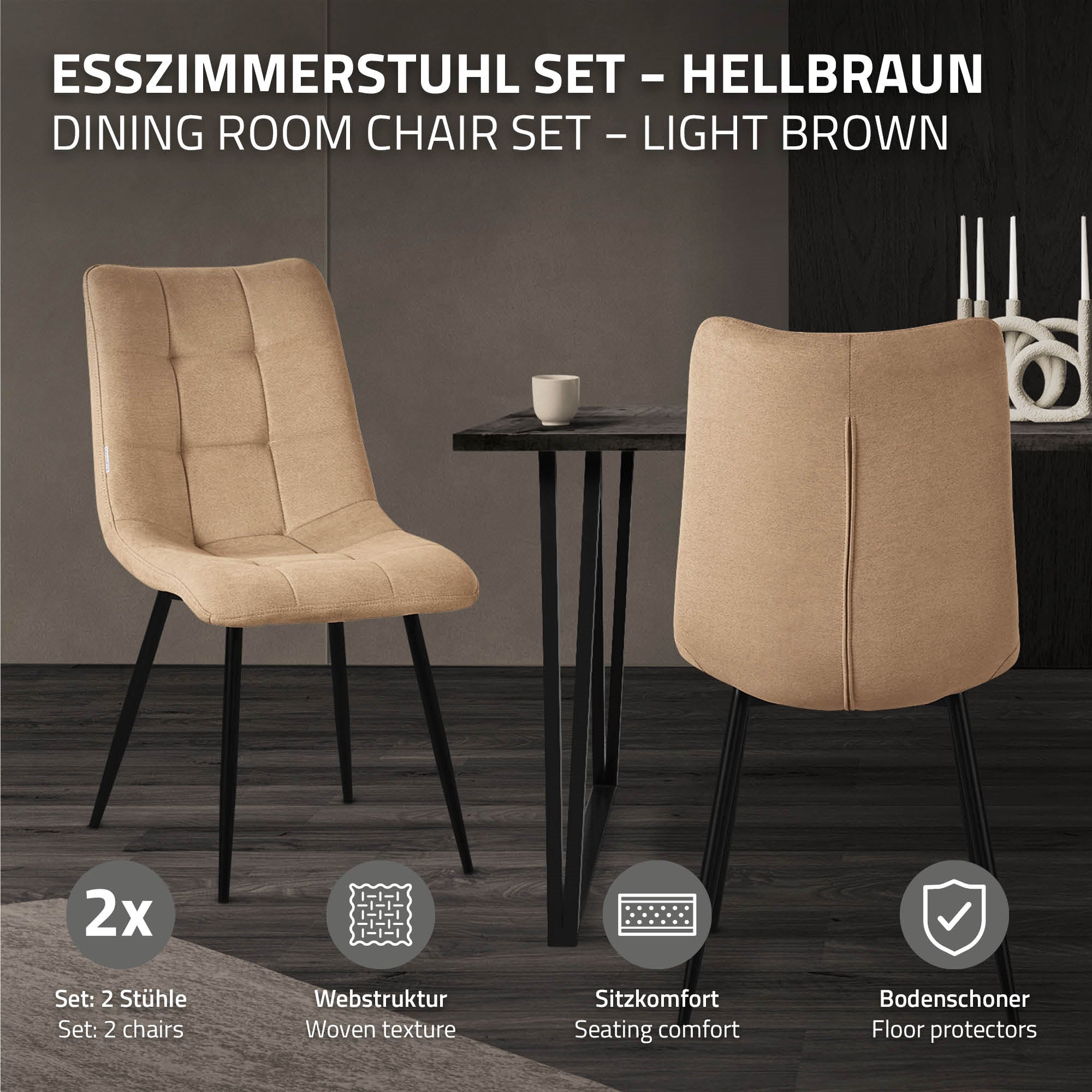 Hellbraunes Esszimmerstuhl-Set mit zwei Stühlen und Tisch.