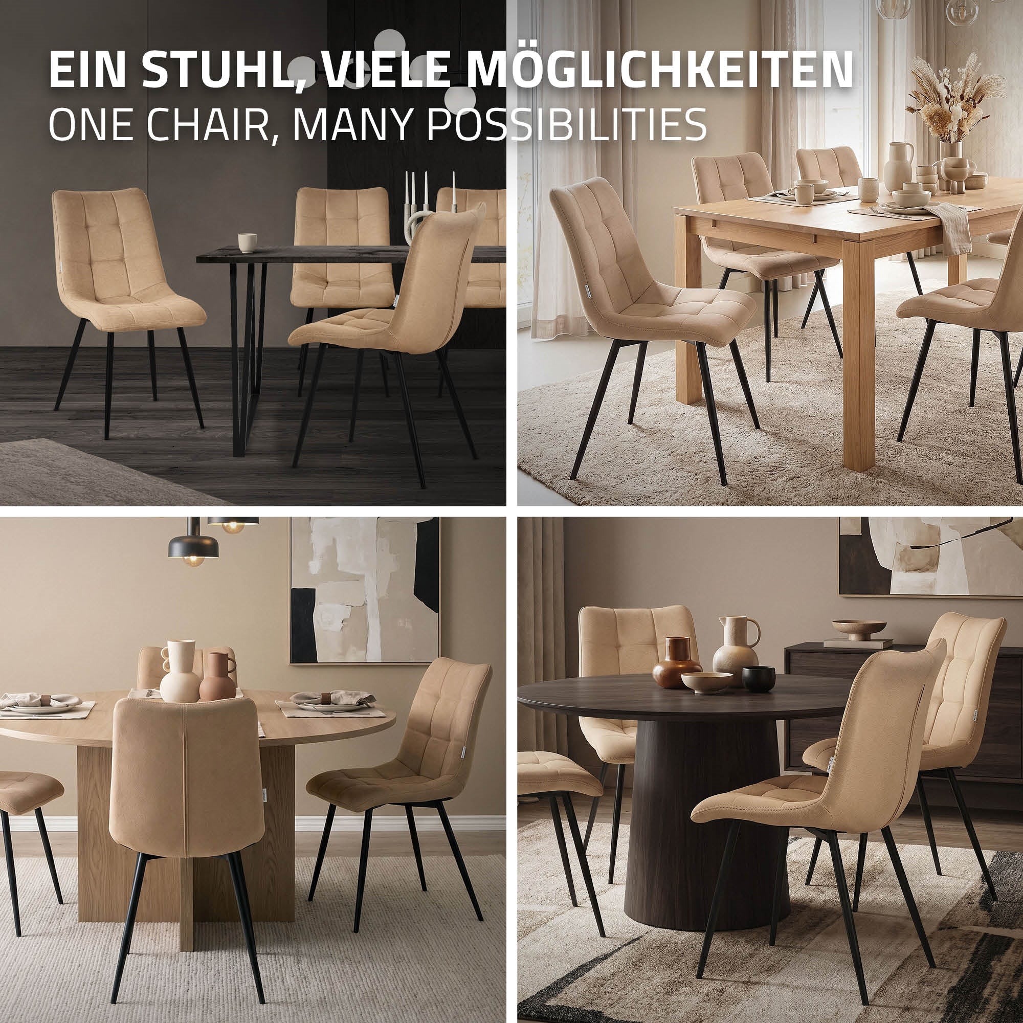 Verschiedene Esszimmerstühle in beige und braun an verschiedenen Tischen.