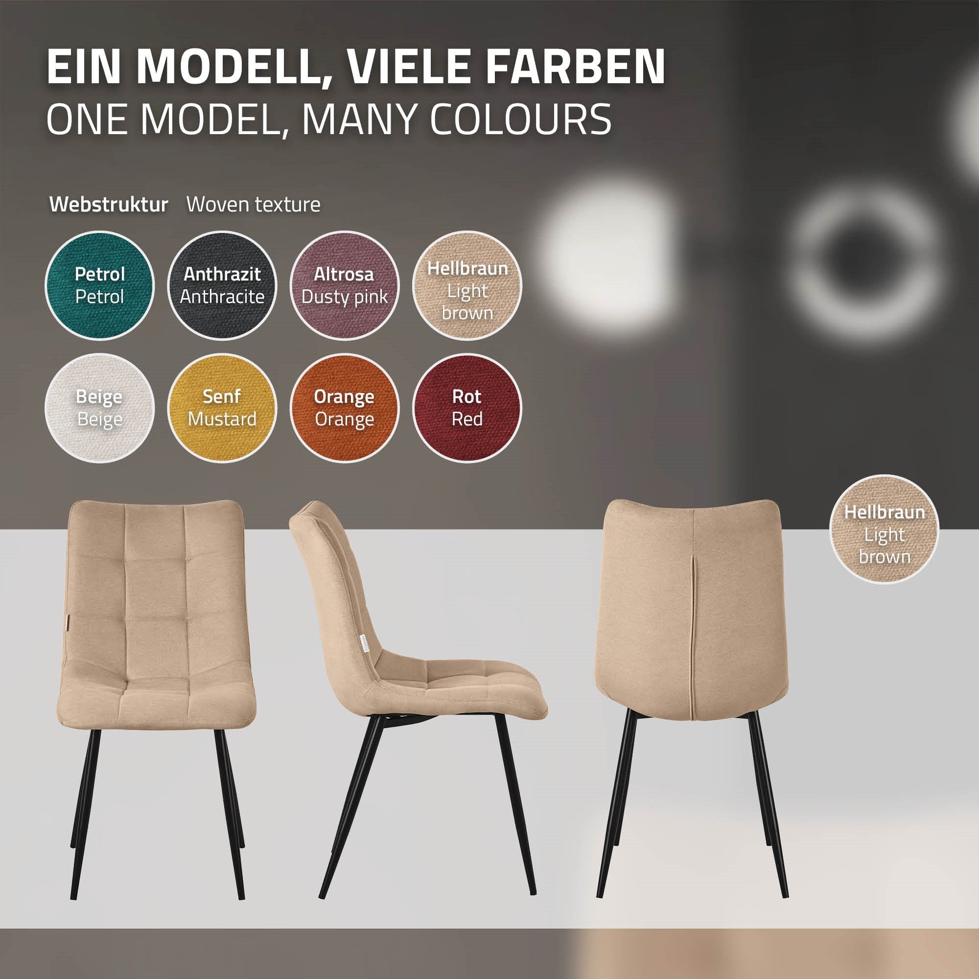 Verschiedene Farben von Esszimmerstühlen, beige, orange und braun.