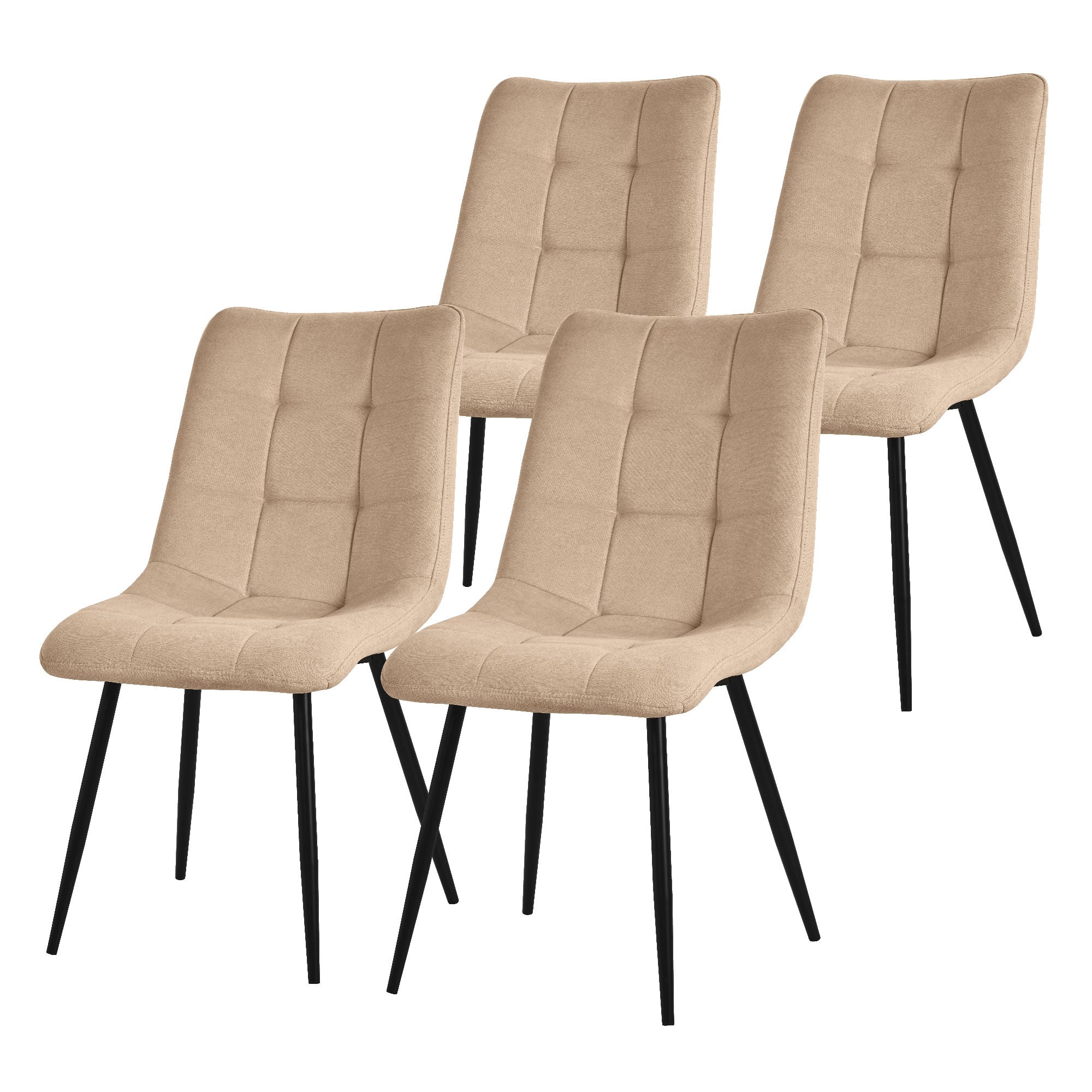 Vier beige Stühle mit schwarzem Gestell, gepolstert und mit quadratischer Naht.