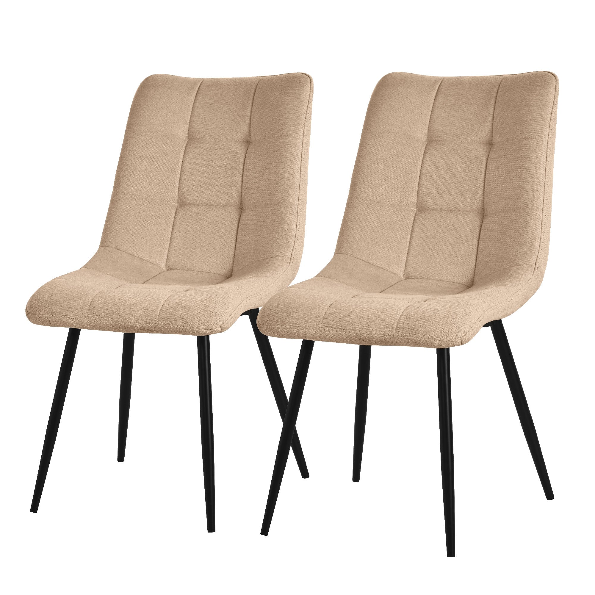Zwei beige Stühle mit schwarzem Gestell, gepolstert und mit Karo-Muster.