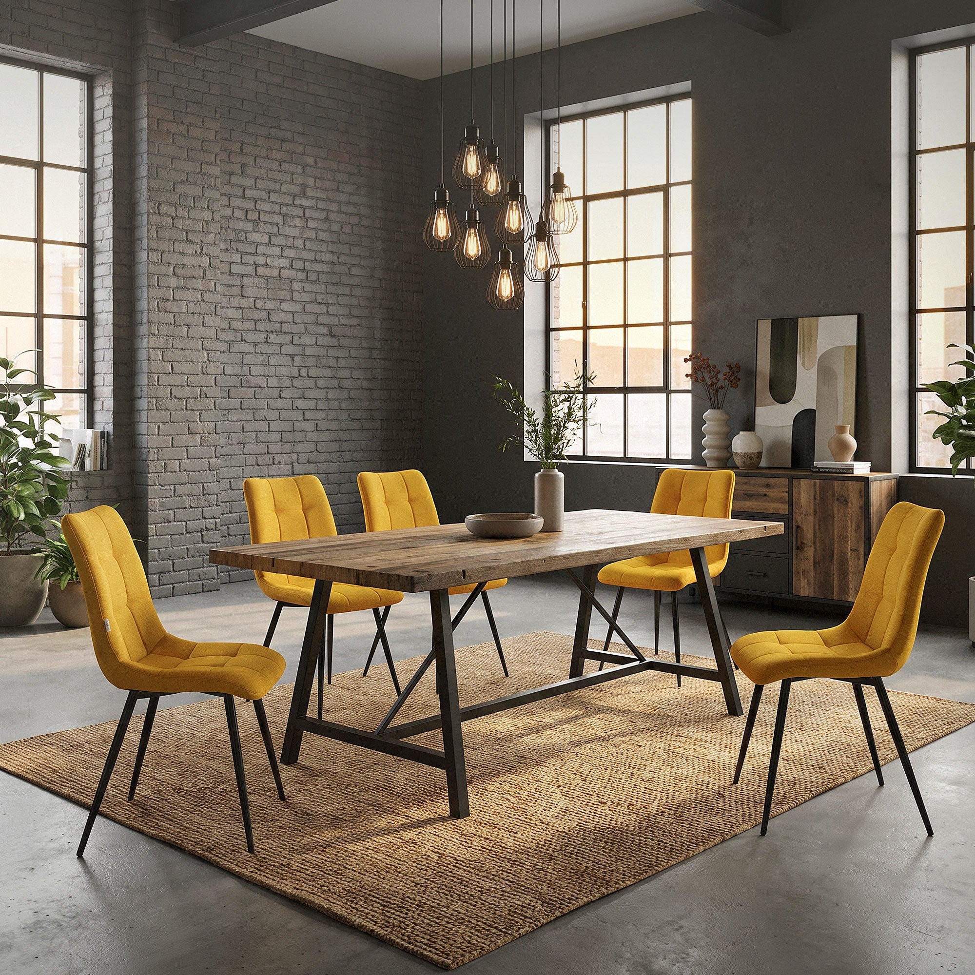 Esszimmer mit gelben Stühlen, Tisch und großen Fenstern in einem modernen Raum.