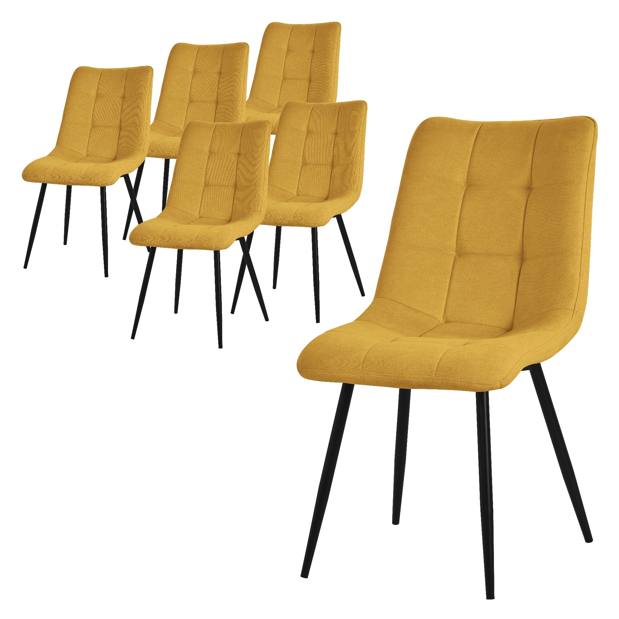 Six chaises jaunes avec un cadre noir sur fond clair.
