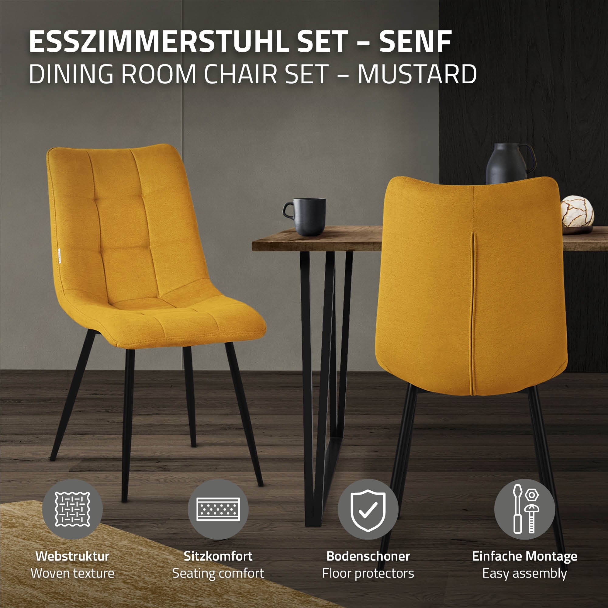 Chaise de salle à manger jaune devant une table, avec des indications sur la texture tissée et le montage.