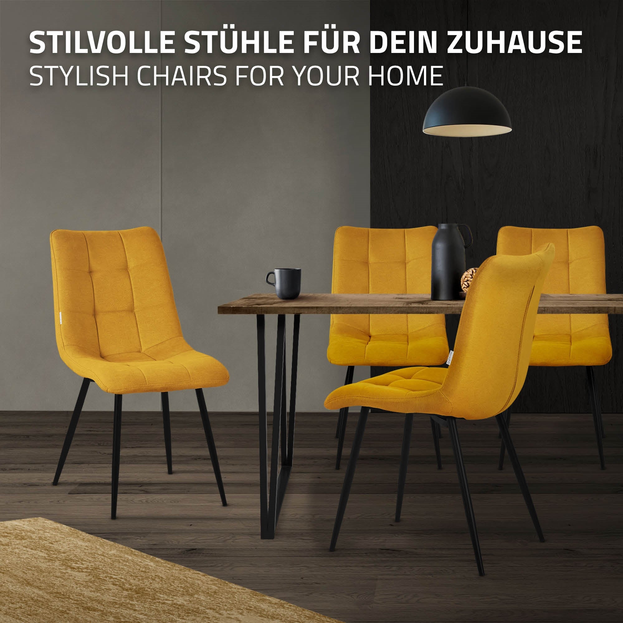 Vier gelbe Stühle um einen Tisch in einem modernen Raum.