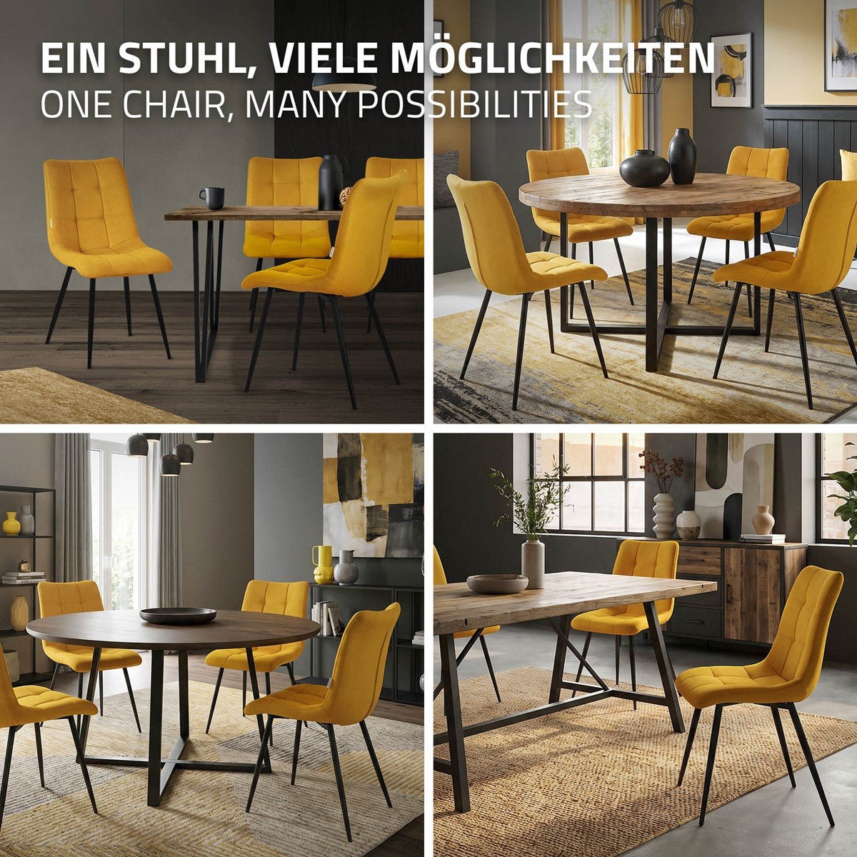 Fyra gula stolar runt ett runt bord i en modern matsal.