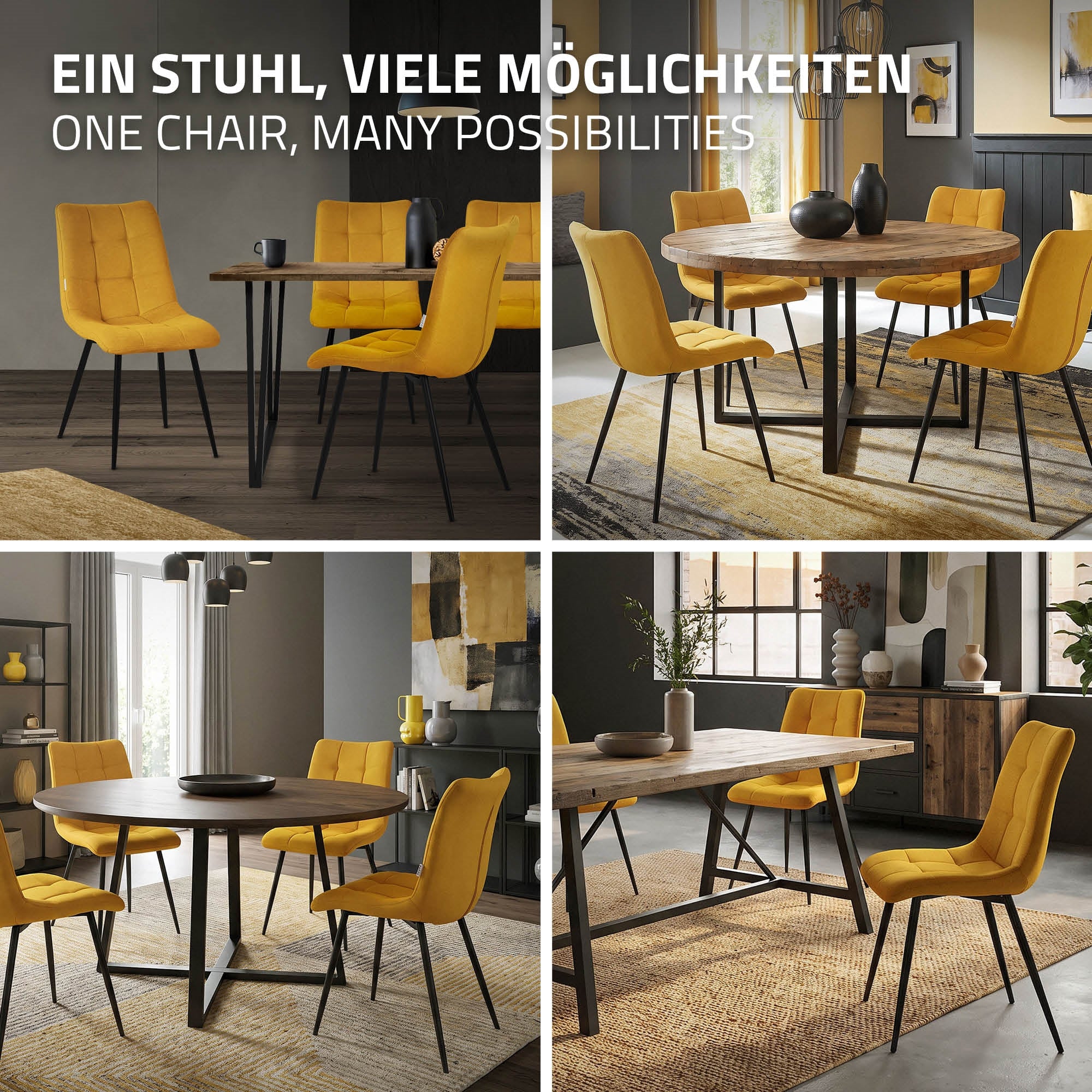 Vier gelbe Stühle um einen runden Tisch in einem modernen Esszimmer.