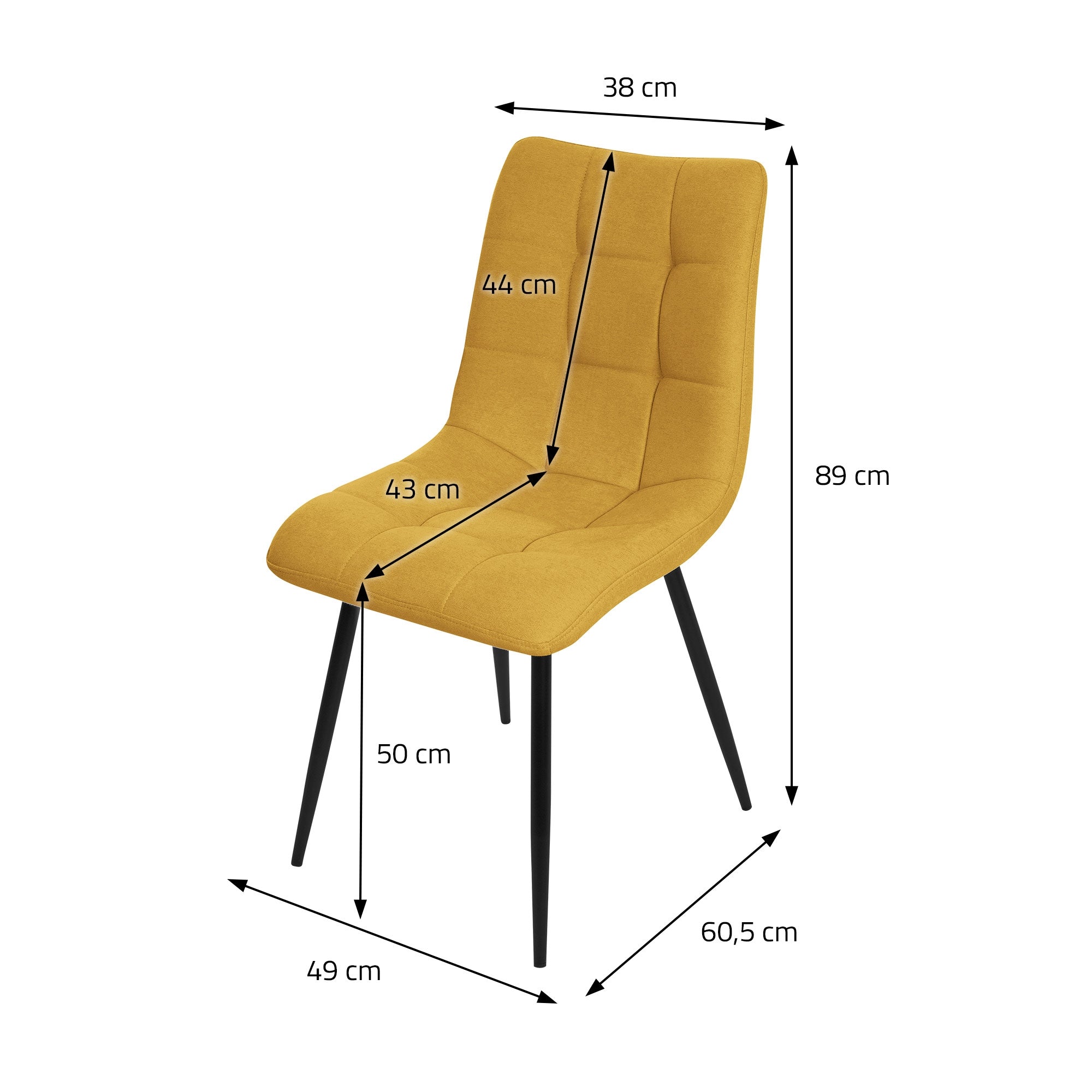 Gelber Stuhl mit Maßen: 38 cm Breite, 89 cm Höhe, 49 cm Tiefe.