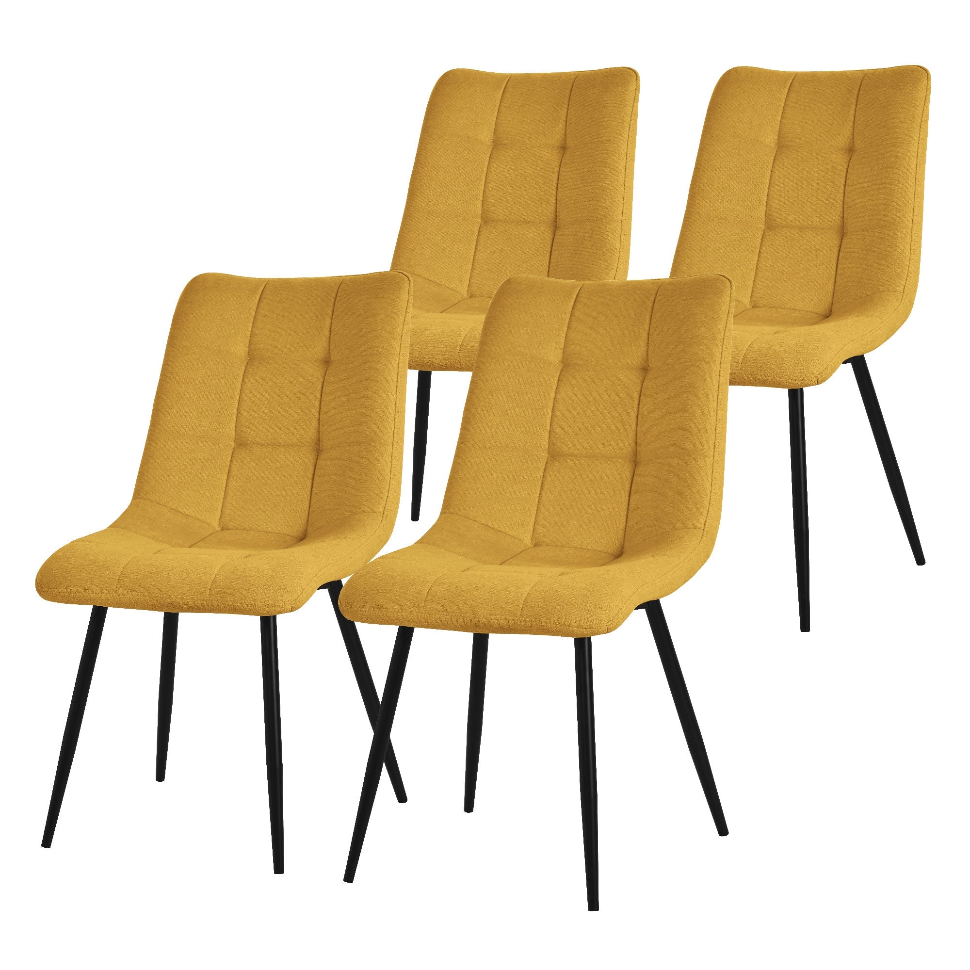 Quatre chaises jaunes sur un fond blanc.