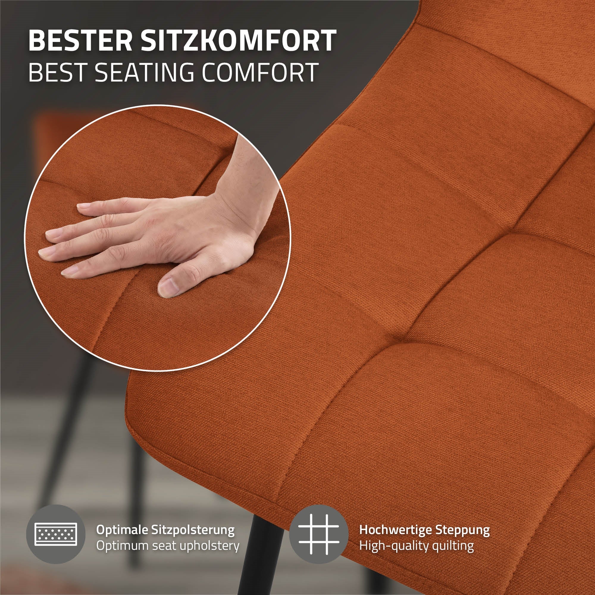 Nahaufnahme der Polsterung eines orangefarbenen Stuhls mit Hand darauf.