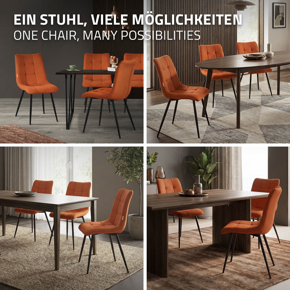Verschiedene orangefarbene Stühle um einen Tisch in einem modernen Raum.