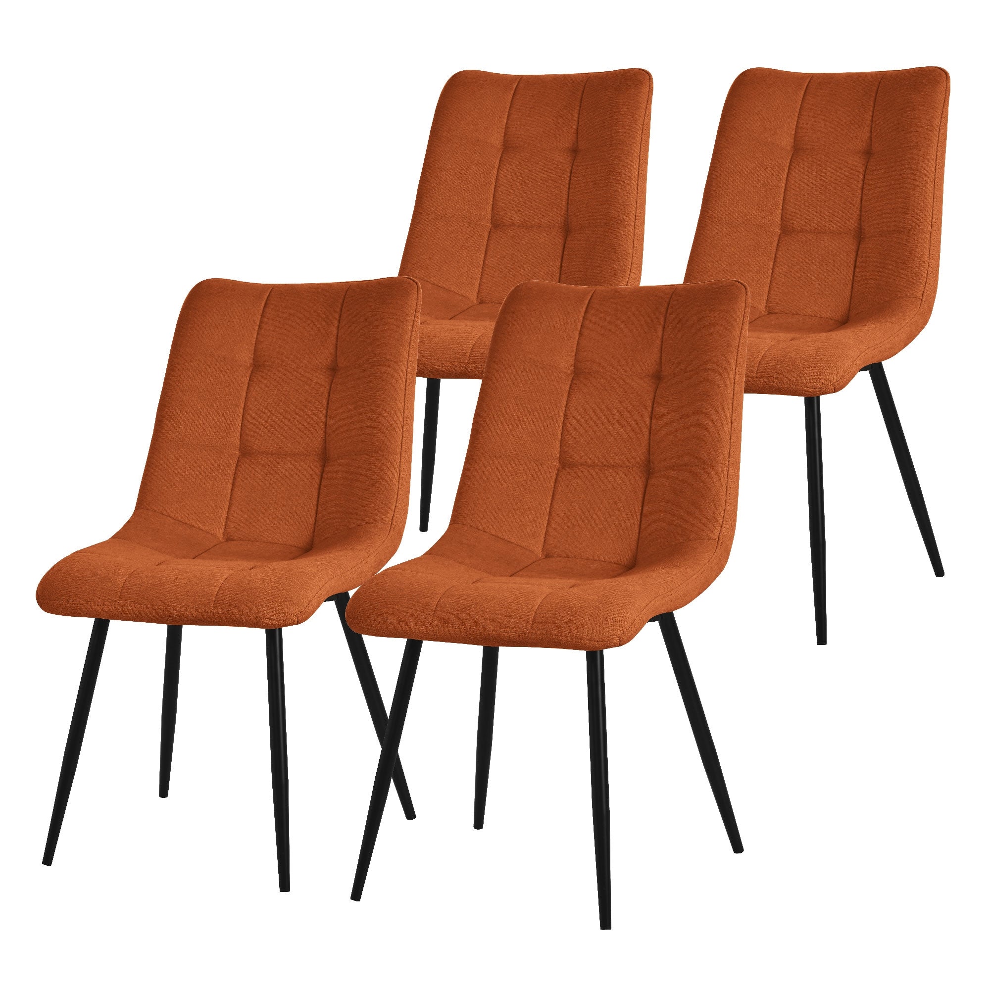 Vier orangefarbene Stühle mit schwarzem Gestell, gepolstert und mit quadratischer Naht.
