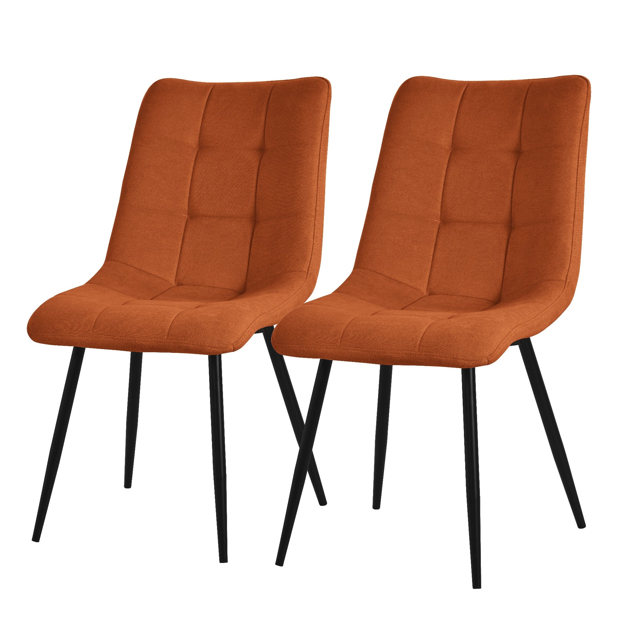 Zwei orangefarbene Stühle mit schwarzem Gestell nebeneinander.