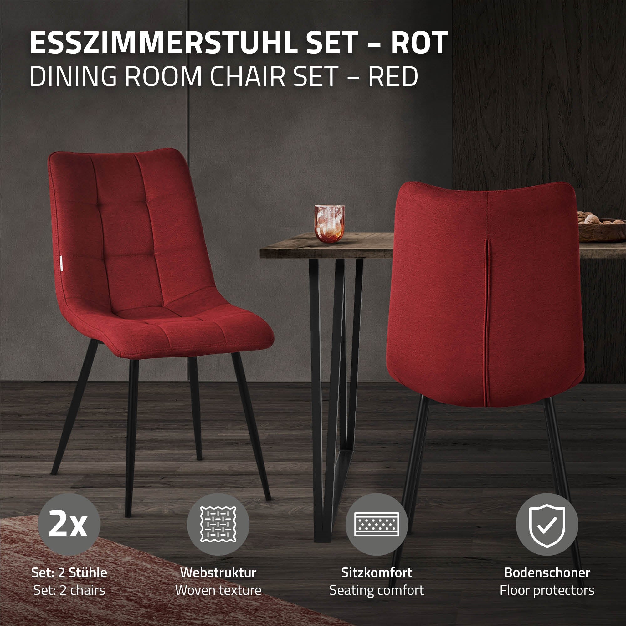 Rote Esszimmerstühle an einem Tisch, mit einem Glas und Bodenschonern.