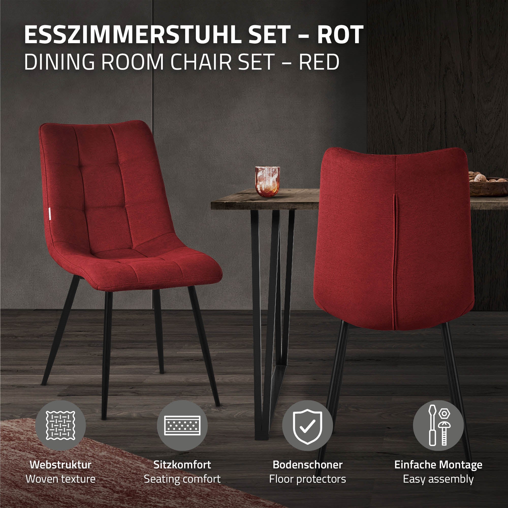 Rotes Esszimmerstuhl-Set mit zwei Stühlen und Tisch.