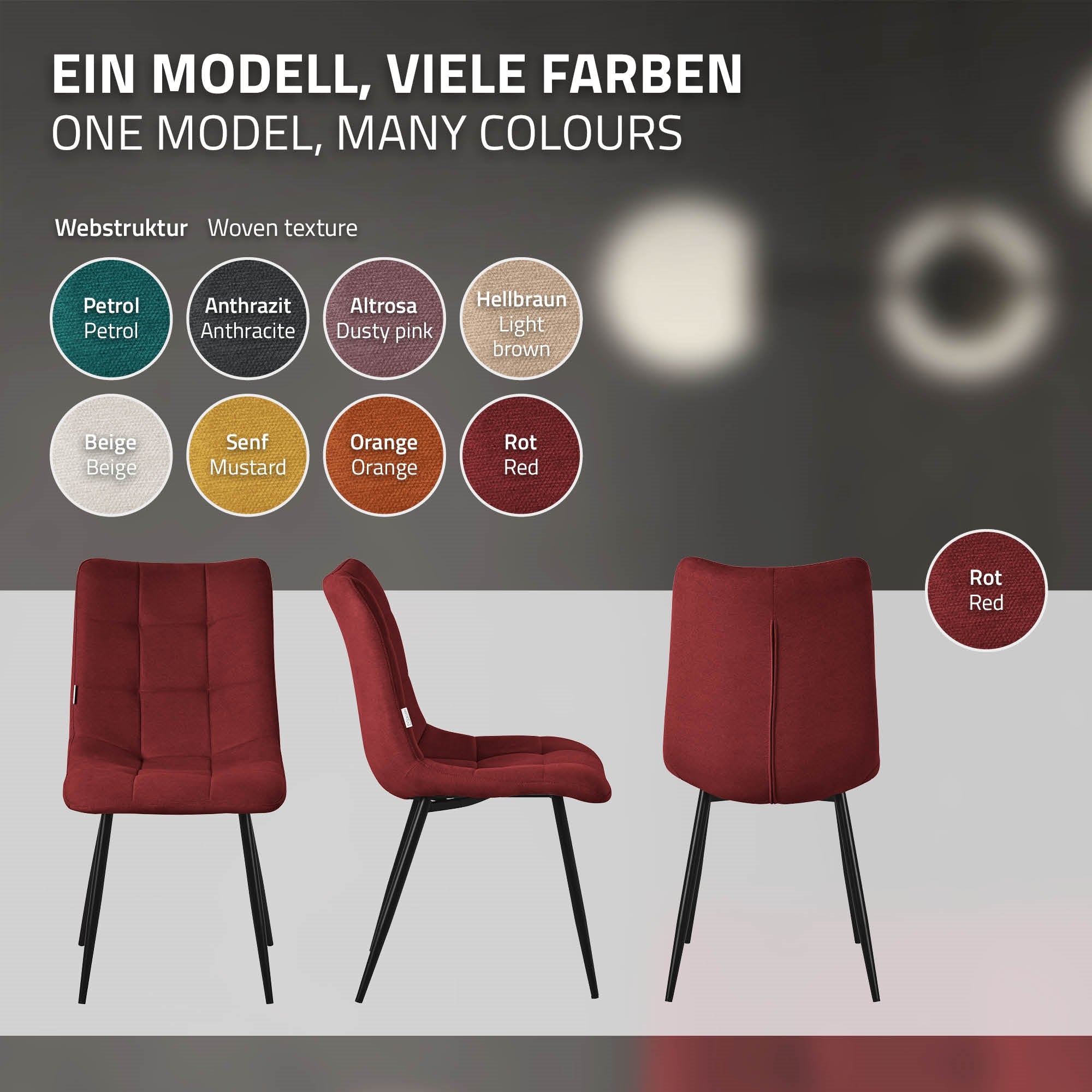 Stuhlmodell in verschiedenen Farben, mit Texturhinweisen.