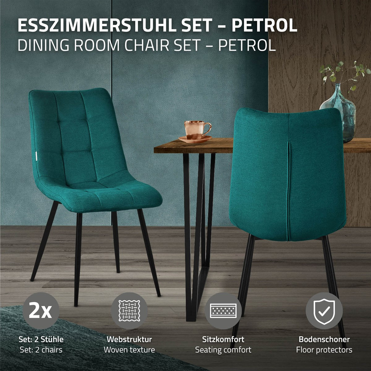 Silla de comedor turquesa delante de una mesa, con información sobre la estructura de malla y el montaje.