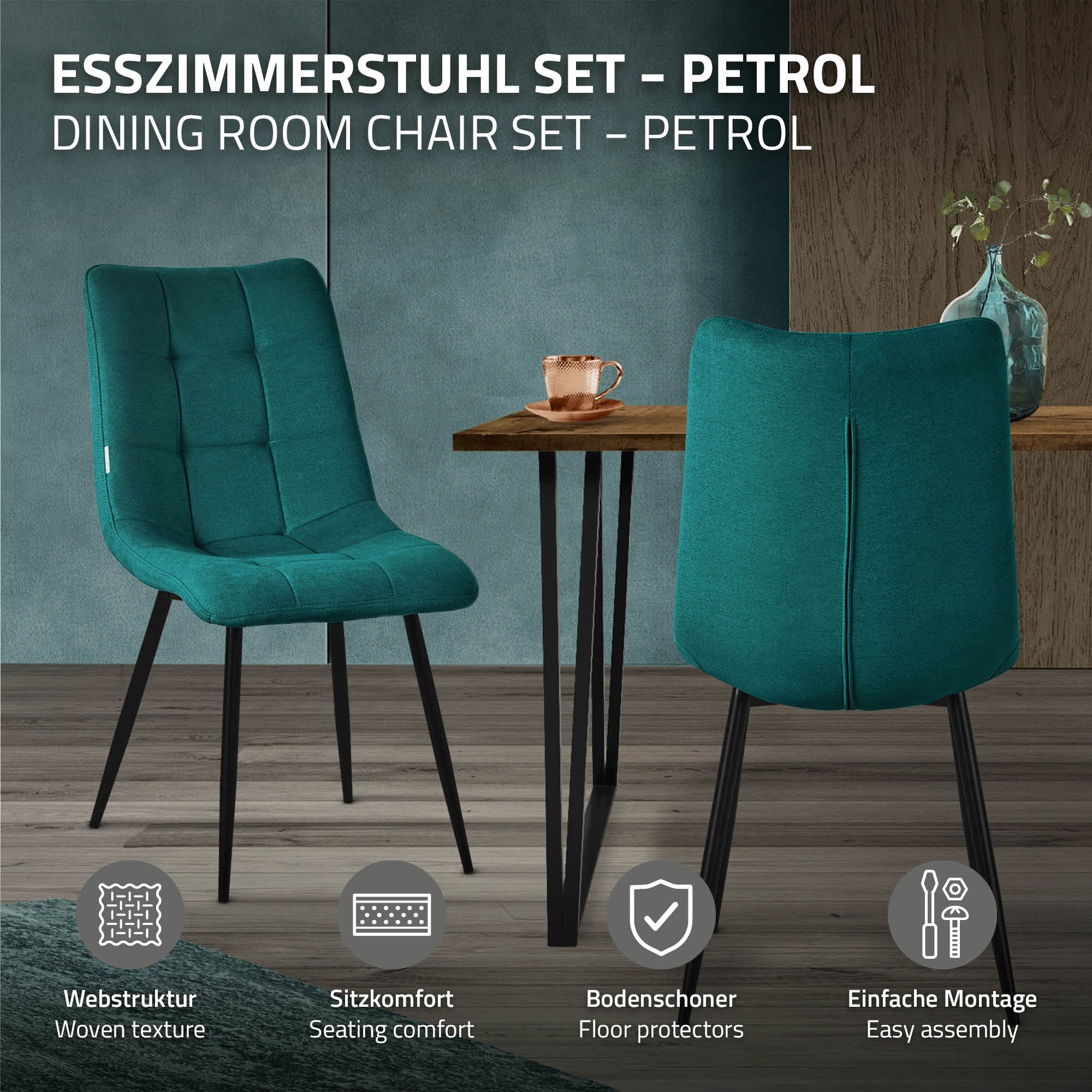 Grüner Esszimmerstuhl vor einem Tisch, mit Symbolen für Komfort und Montage.