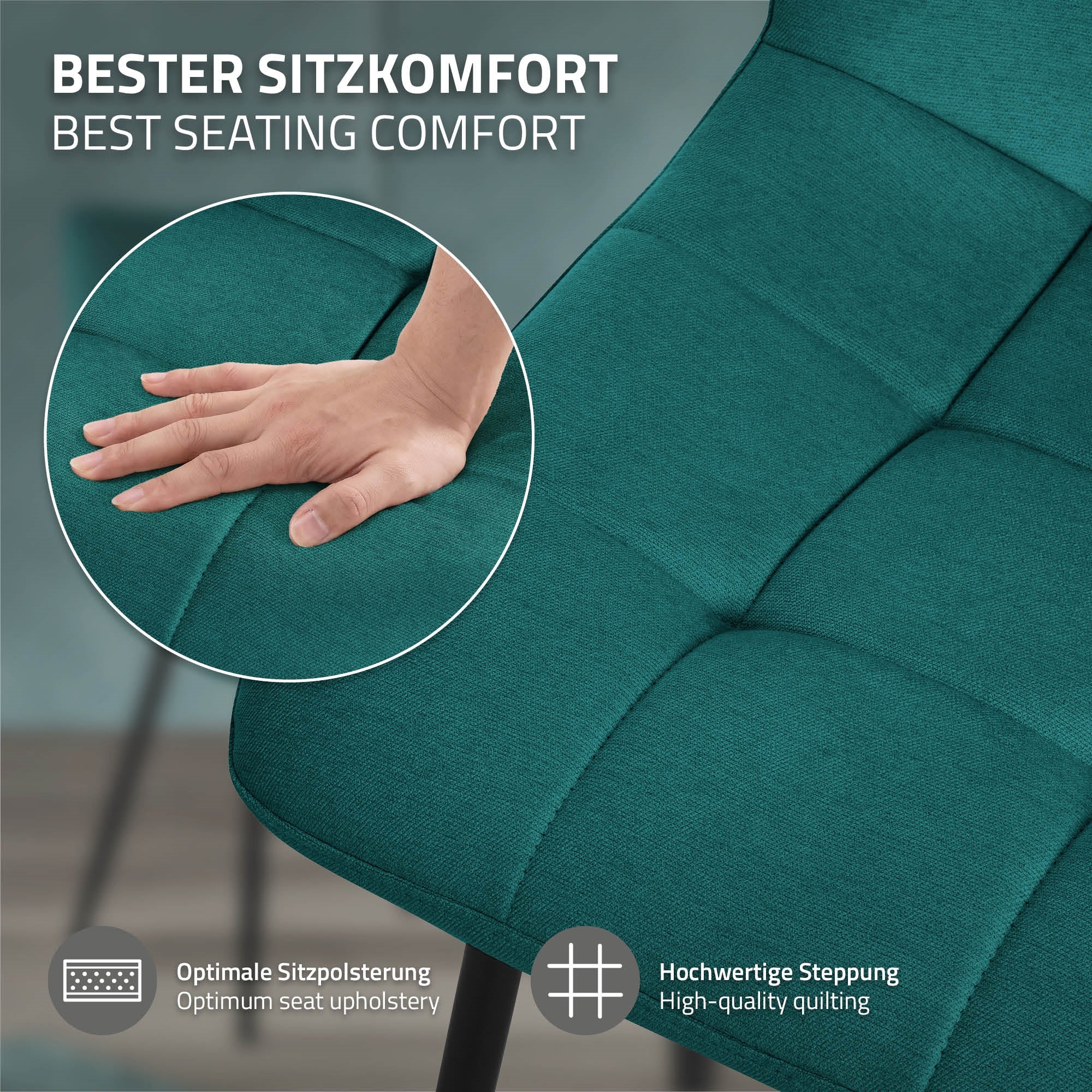 Nahaufnahme eines Stuhls mit Hand, die die Polsterung testet.