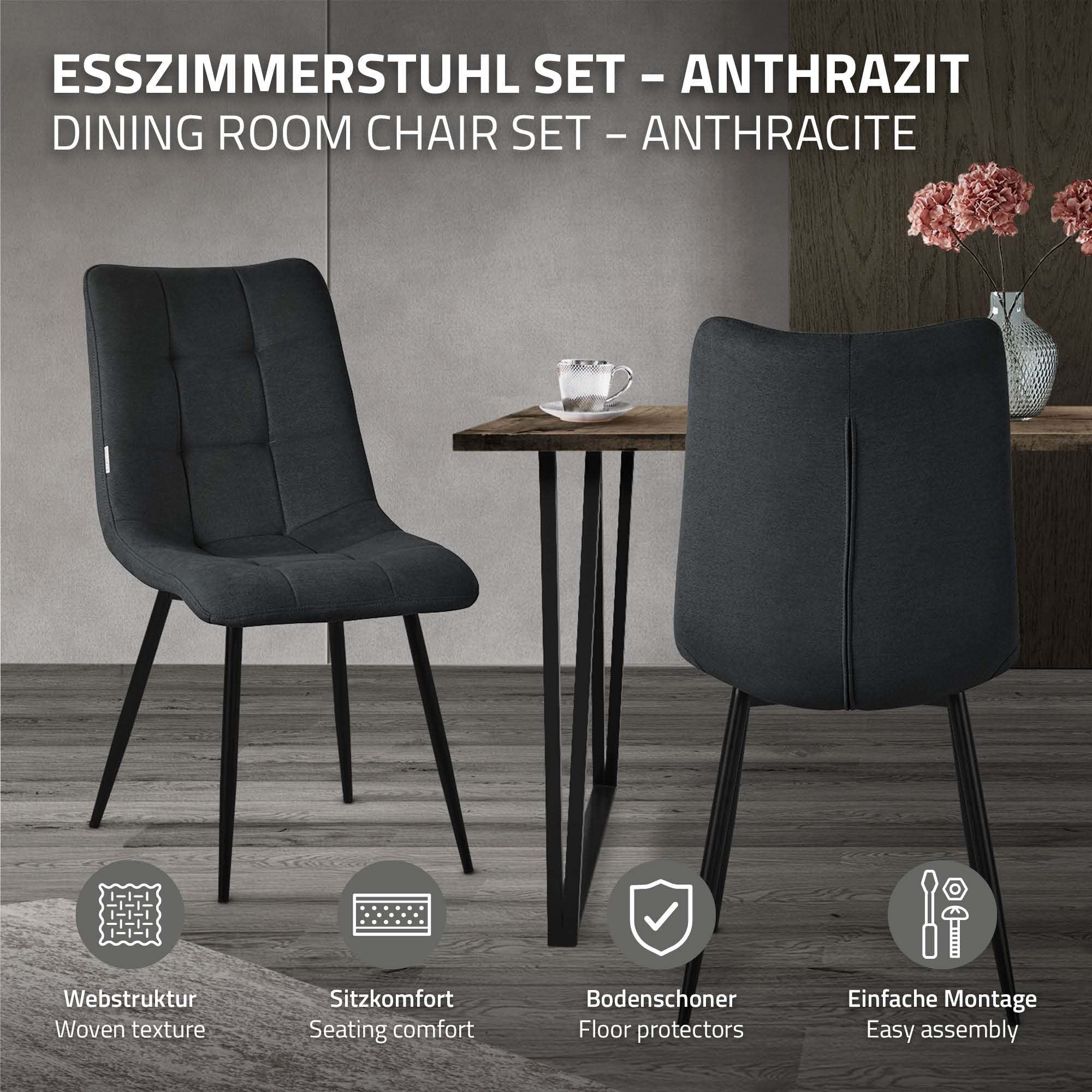 Schwarzes Esszimmerstuhl-Set an einem Tisch in einem modernen Raum.