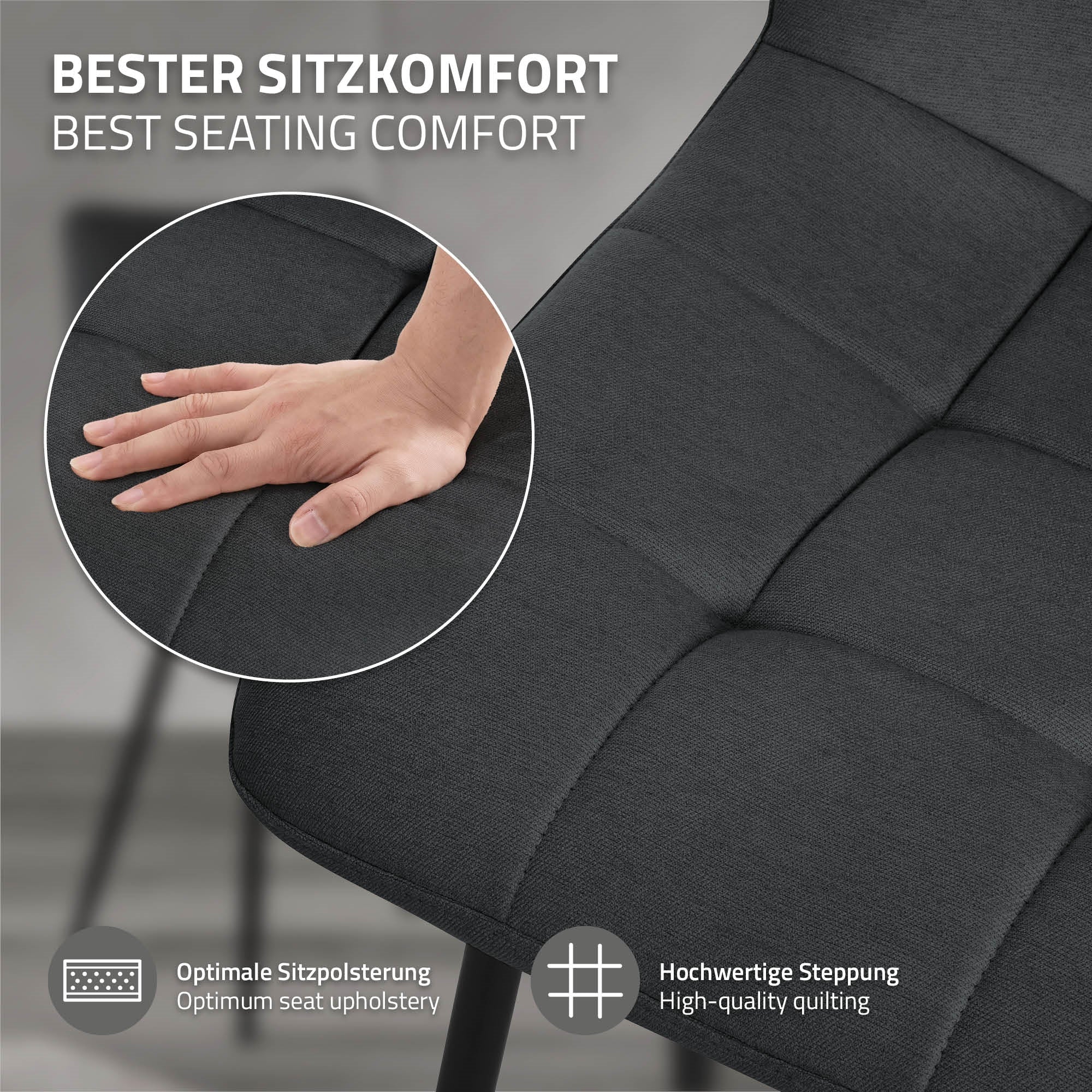 Nahaufnahme eines Stuhls mit einer Hand, die die Polsterung testet.