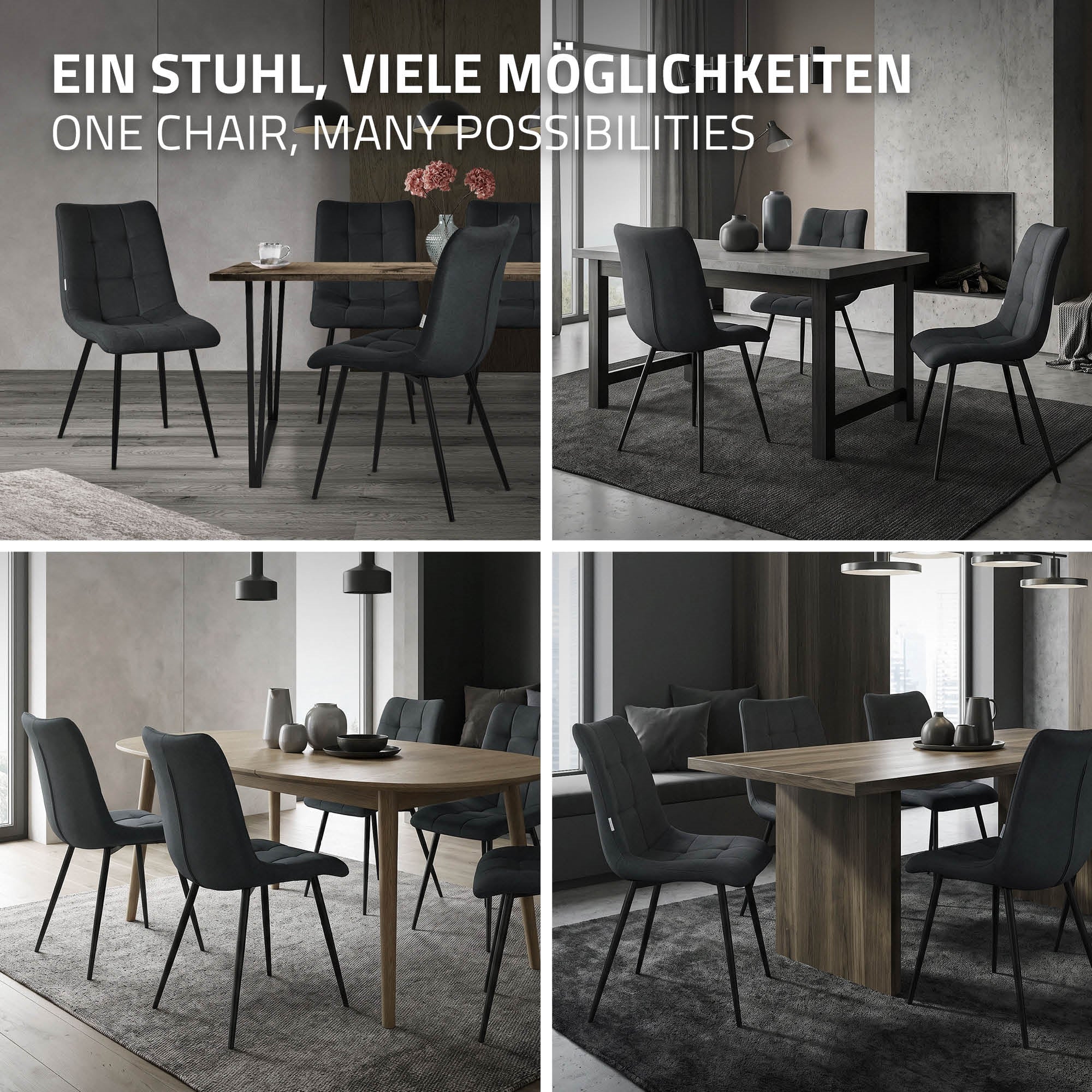 Collage von schwarzen Stühlen an verschiedenen Esstischen in einem Raum.