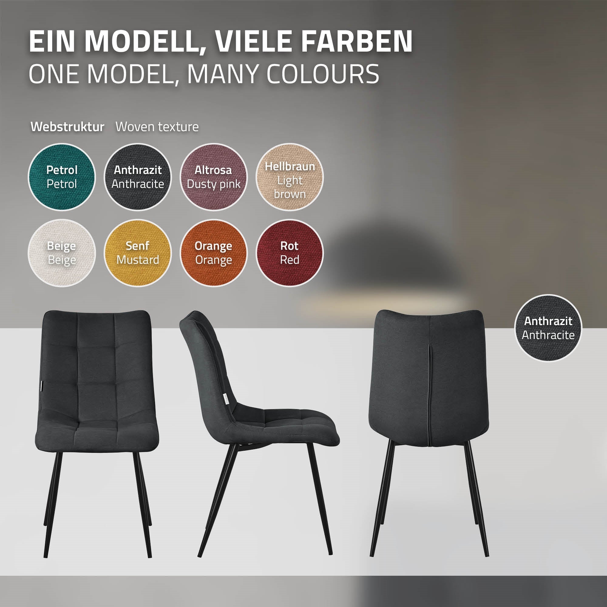 Stuhlmodell in verschiedenen Farben und Texturen auf einem hellen Hintergrund.