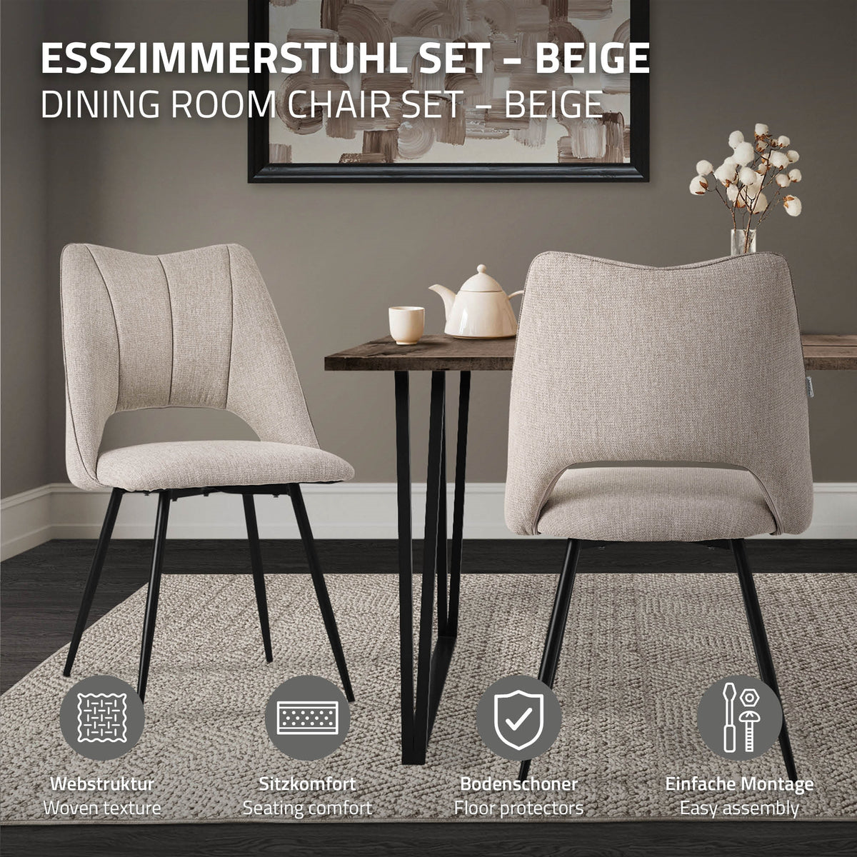 To beige spisestuestole ved et bord i et moderne rum.