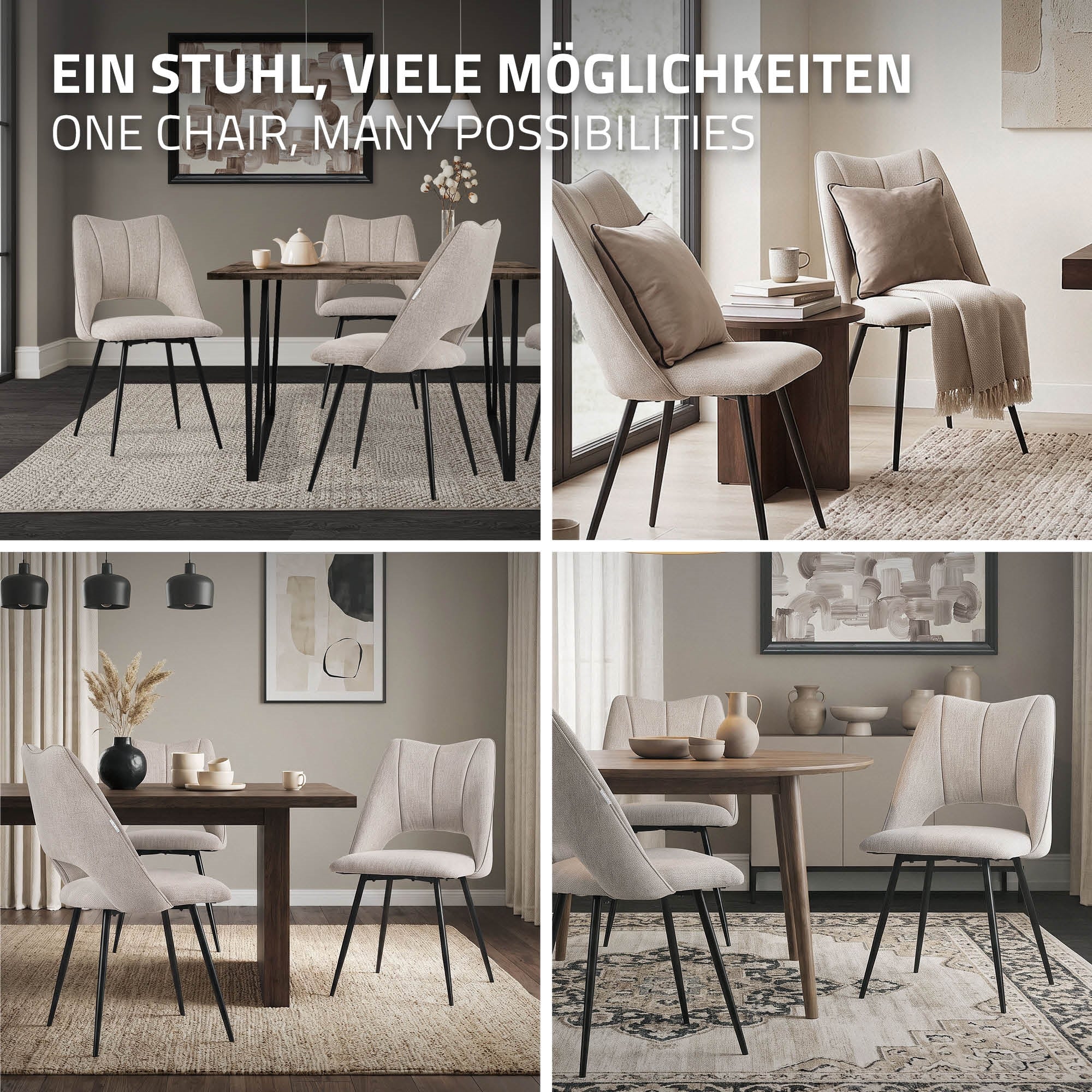 Fire spisestuestole i forskellige arrangementer omkring et bord.