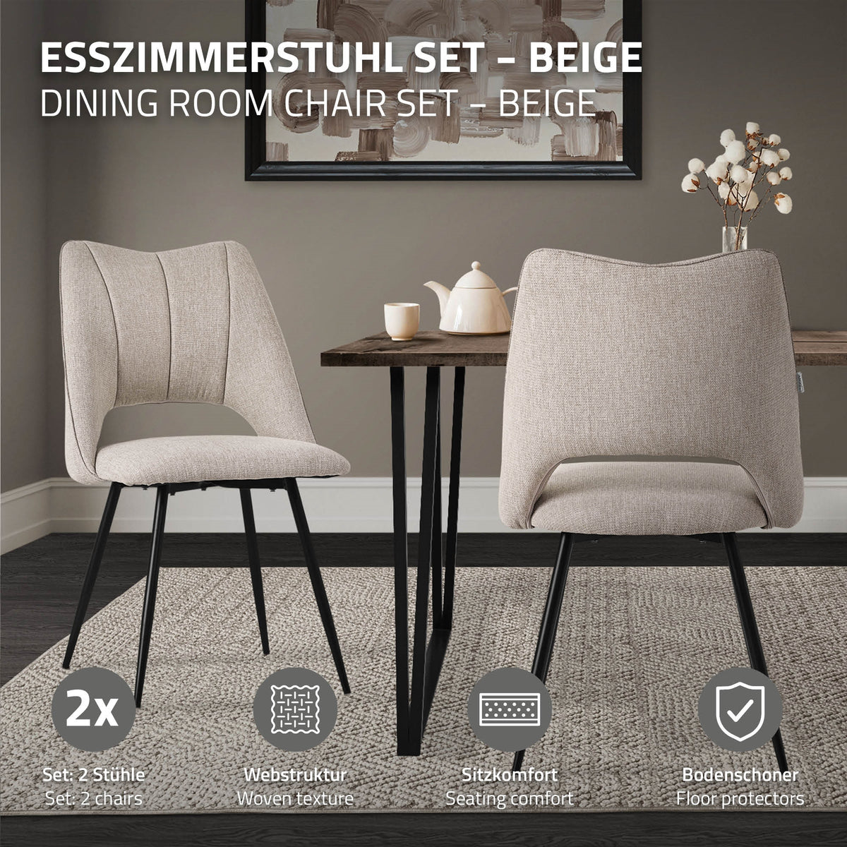 To beige spisestuestole ved et bord med detaljer om strukturen.
